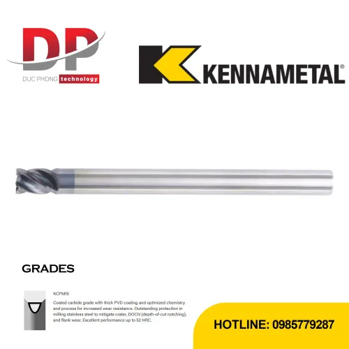 Dao phay ngón Kennametal carbide HARVI™ I, 4 me, Extended Neck, cán trơn, hệ inch