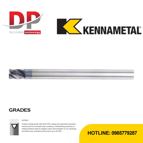 Dao phay ngón Kennametal HARVI™ I vát mép, 4 me, Extended Neck, cán trơn, hệ inch
