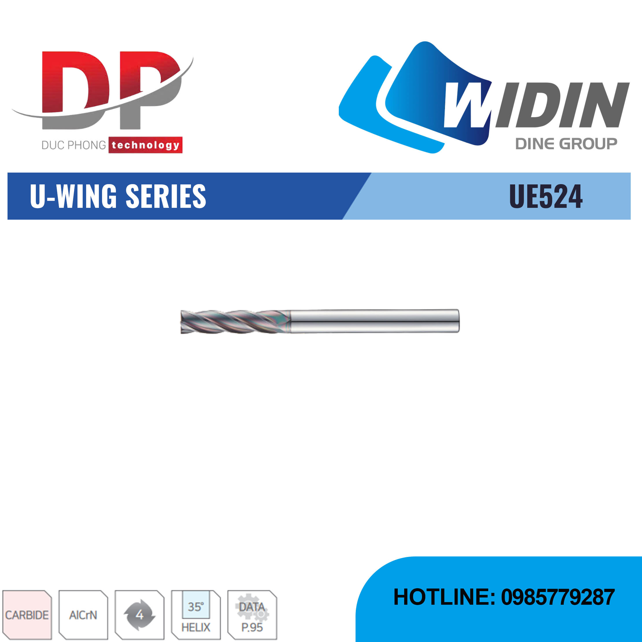 Dao phay ngón U-WING Series UE524 - WIDIN (Dành cho thép có độ cứng trung bình từ 30-50 HRc)
