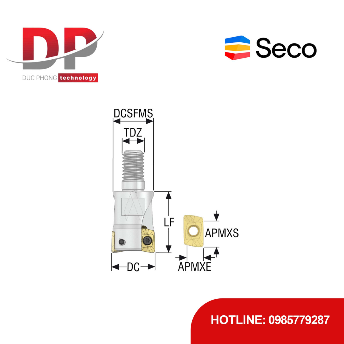 Dao phay gắn mảnh Seco Tools Turbo R217.69-00.62-08RE-10-2A (DC 15.7mm - Có góc R)