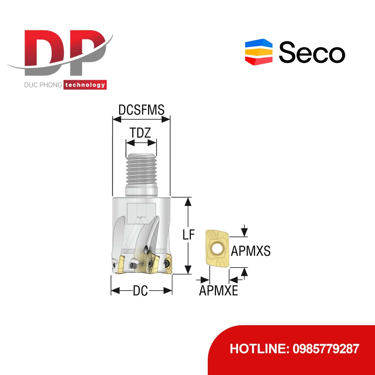 Dao phay gắn mảnh Seco Tools Turbo R217.69-01.50-20RE-10-6A (DC 38.1mm - Có góc R)