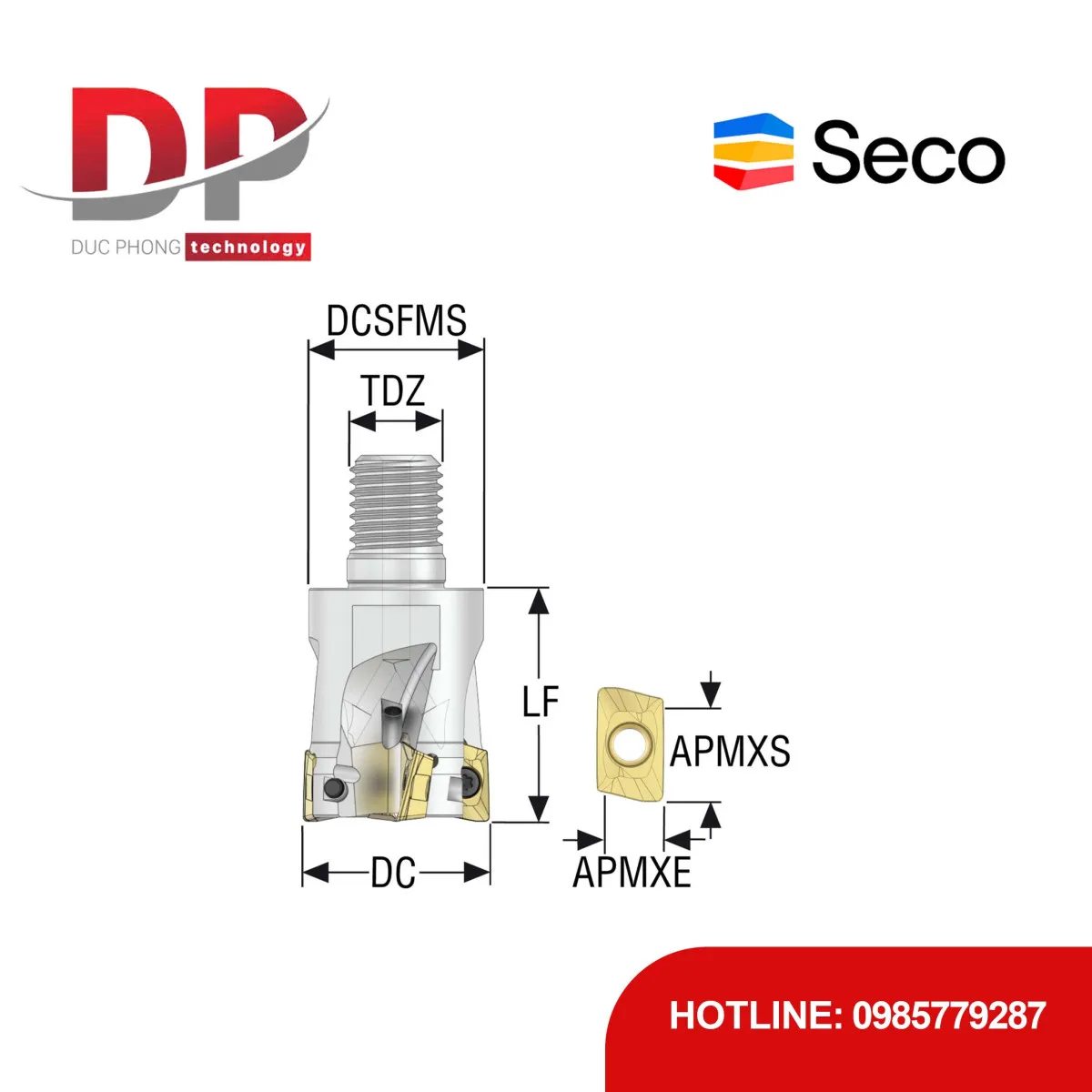 Đầu dao phay gắn mảnh Seco Tools Turbo R217.69-1225.RE-12-3AN (DC 25.0 mm - 3 me cắt - Đáy phẳng - Đầu thay thế)