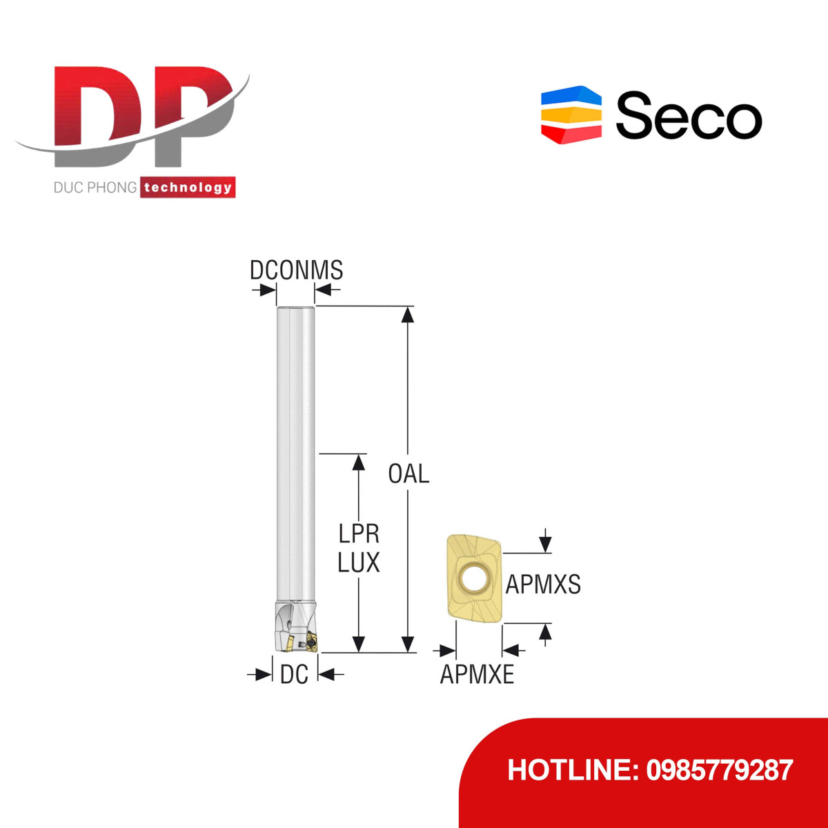 Dao phay gắn mảnh Seco Tools Turbo R217.69-1416.0-10-2A (DC 16.0mm - 2 me cắt - Đáy phẳng)