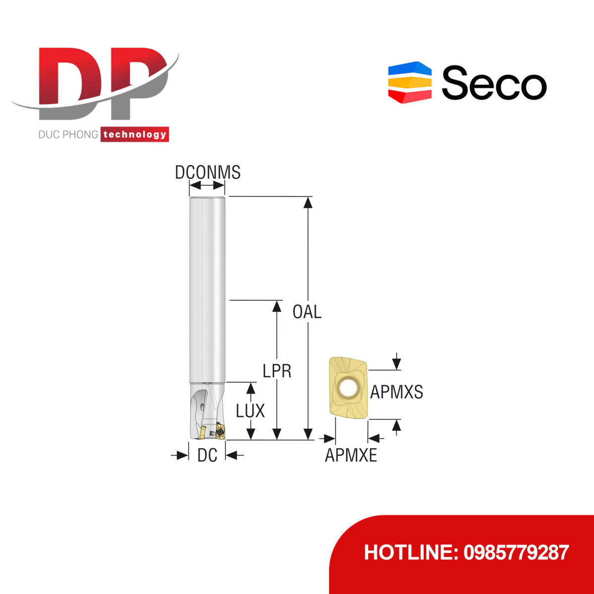 Dao phay gắn mảnh Seco Tools Turbo R217.69-1616.0-10-2A (DC 16.0mm - 2 me cắt - Đáy phẳng)