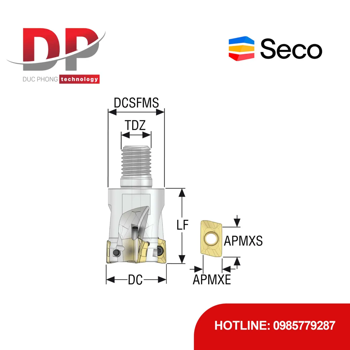 Đầu dao phay gắn mảnh Seco Tools Turbo R217.69-1632.RE-12-4AN (DC 32.0 mm - 4 me cắt - Đáy phẳng - Đầu thay thế)
