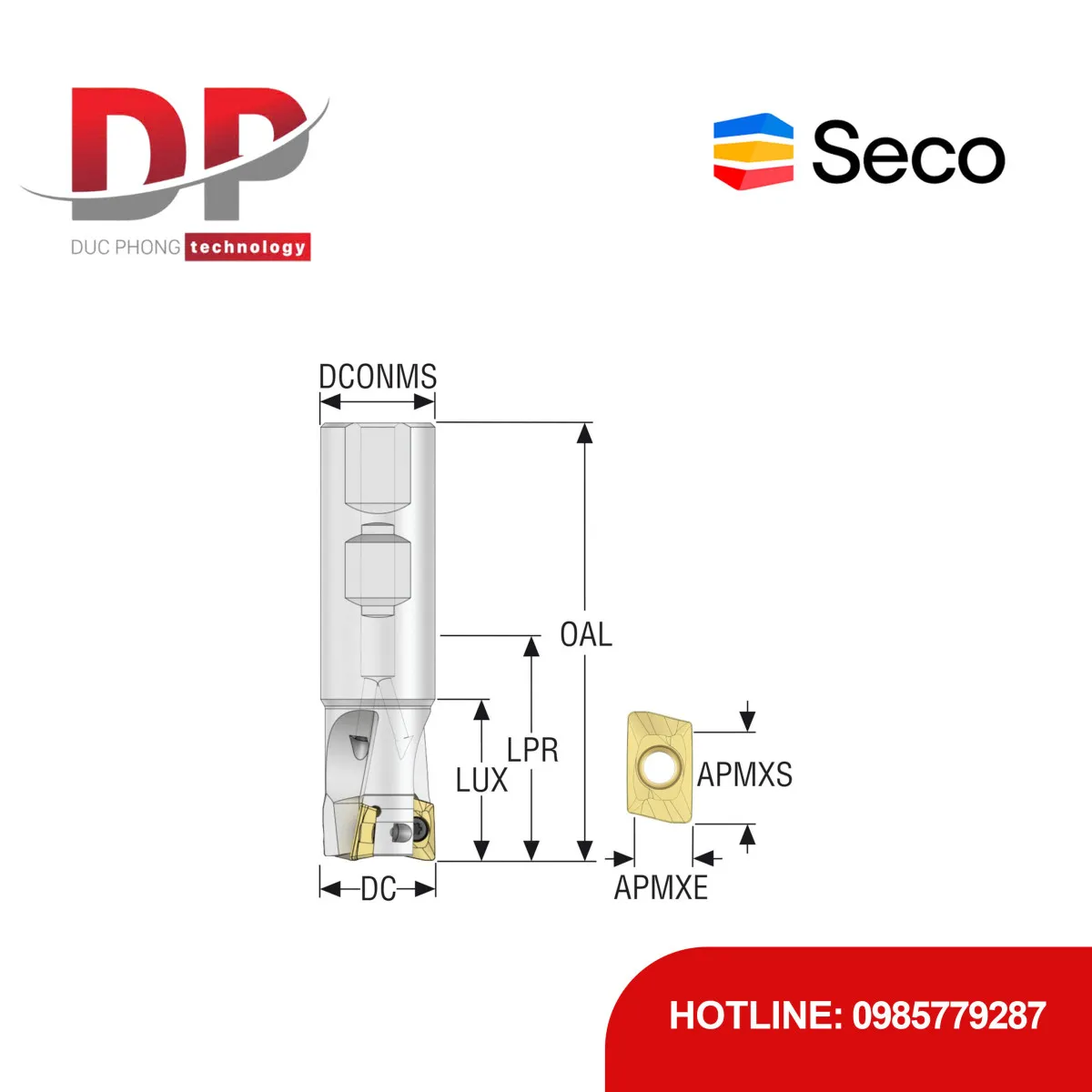 Dao phay gắn mảnh Seco Tools Turbo R217.69-2020.3-12-2AN (DC 20.0 mm - 2 me cắt - Đáy phẳng)