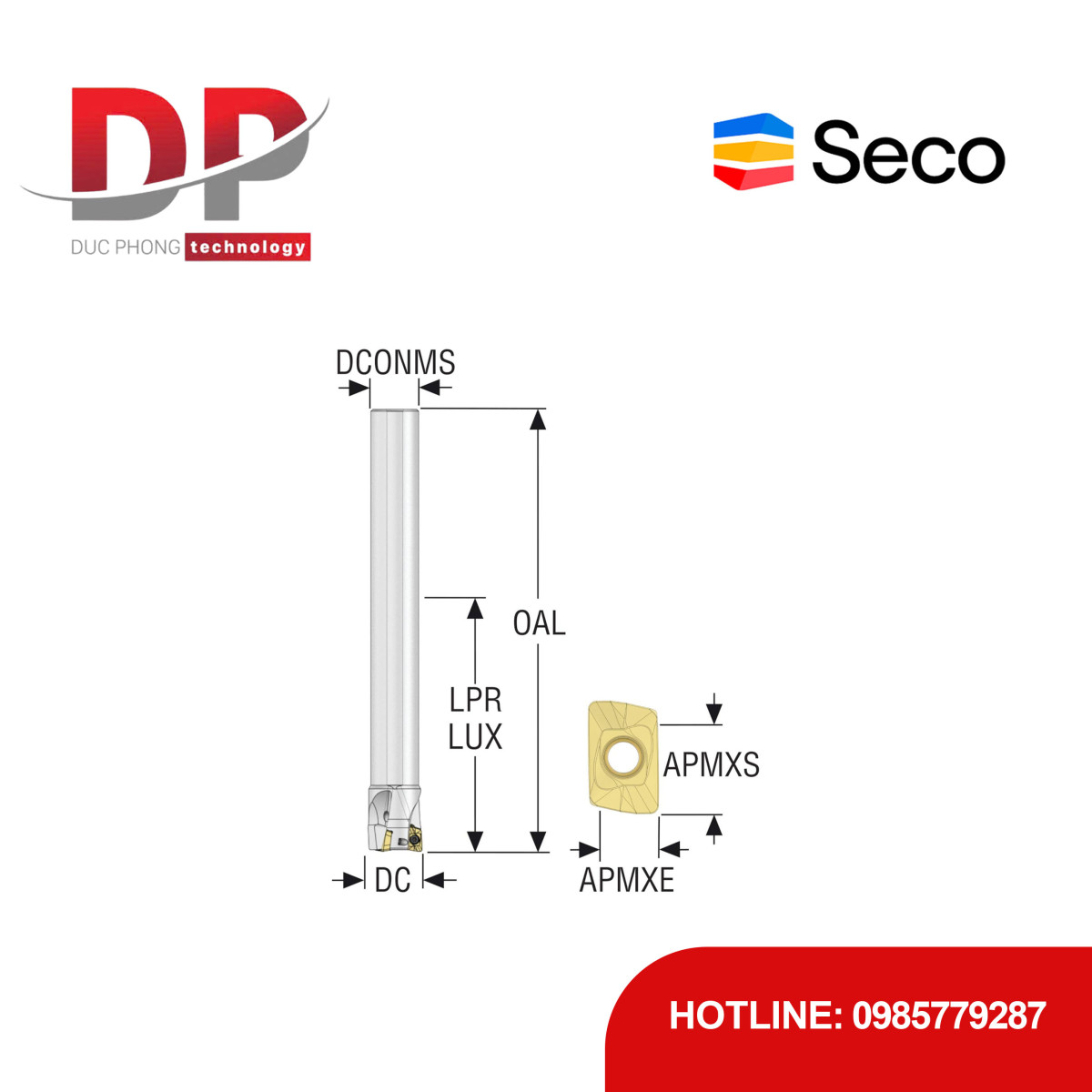 Dao phay gắn mảnh Seco Tools Turbo R217.69-2225.0-10-3A (DC 25.0mm - 3 me cắt - Đáy phẳng)
