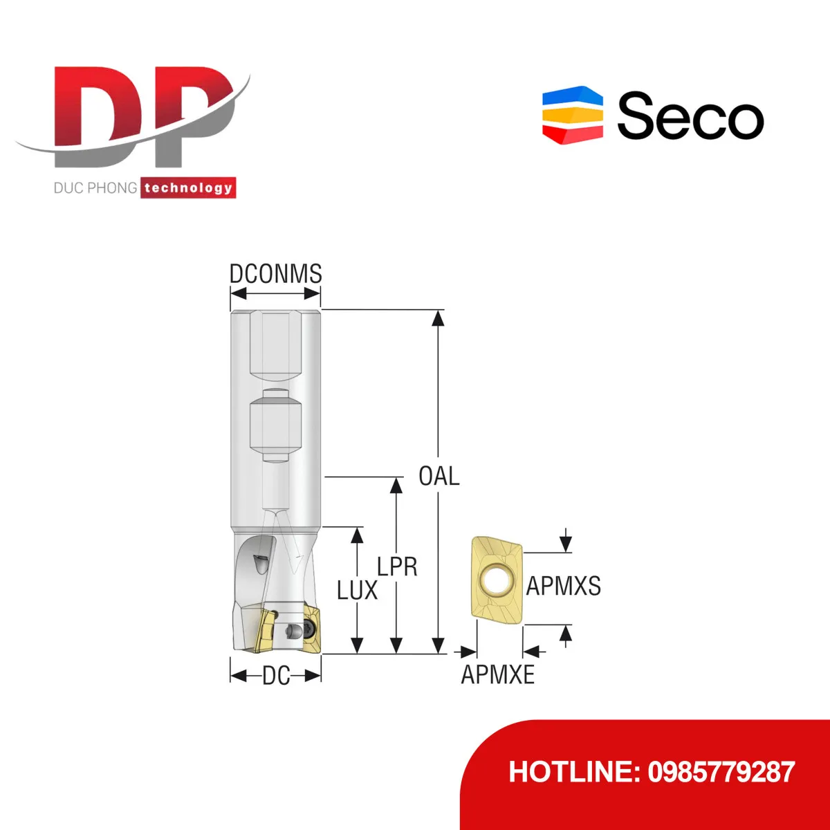 Dao phay gắn mảnh Seco Tools Turbo R217.69-2525.3-12-3AN (DC 25.0 mm - 3 me cắt - Đáy phẳng)