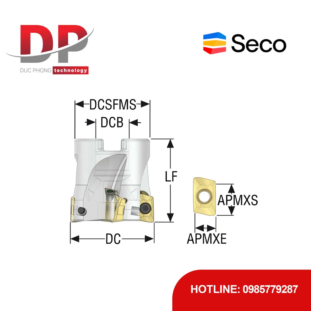 Dao phay gắn mảnh Seco Tools Turbo R220.69-0032-12-3AN (DC 32.0 mm - 3 me cắt - Đáy phẳng)