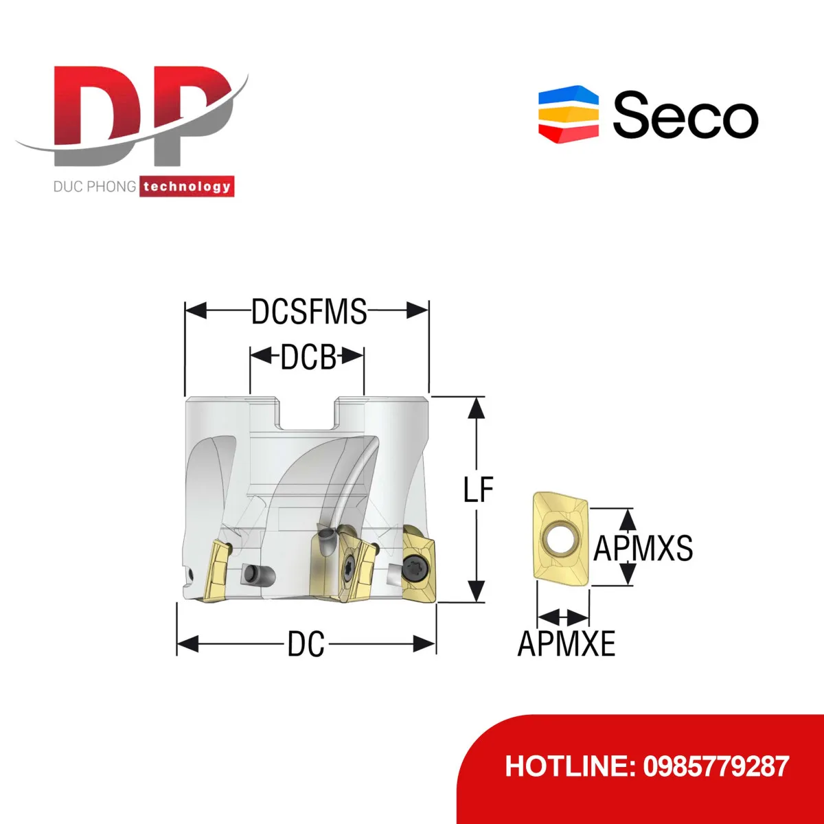 Dao phay gắn mảnh Seco Tools Turbo R220.69-0050-12-7AN (DC 50.0 mm - 7 me cắt - Đáy phẳng)