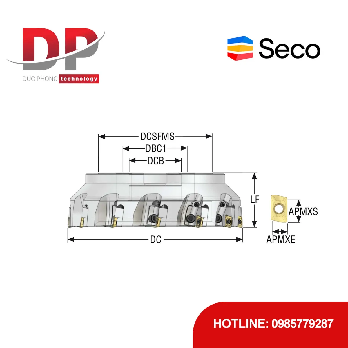 Dao phay gắn mảnh Seco Tools Turbo R220.69-8160-12-10CN (DC 160.0 mm - 10 me cắt - Đáy phẳng - Không làm mát trong)