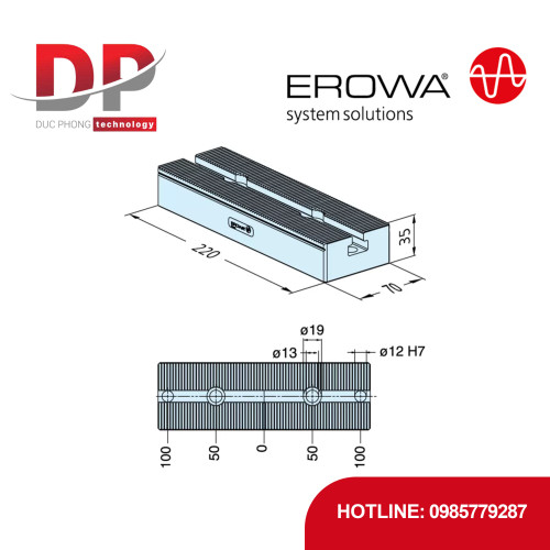 Đế kẹp EROWA ER-016010 ClampSet Base 220, thép tôi cứng, mài, có lưới định vị 3mm
