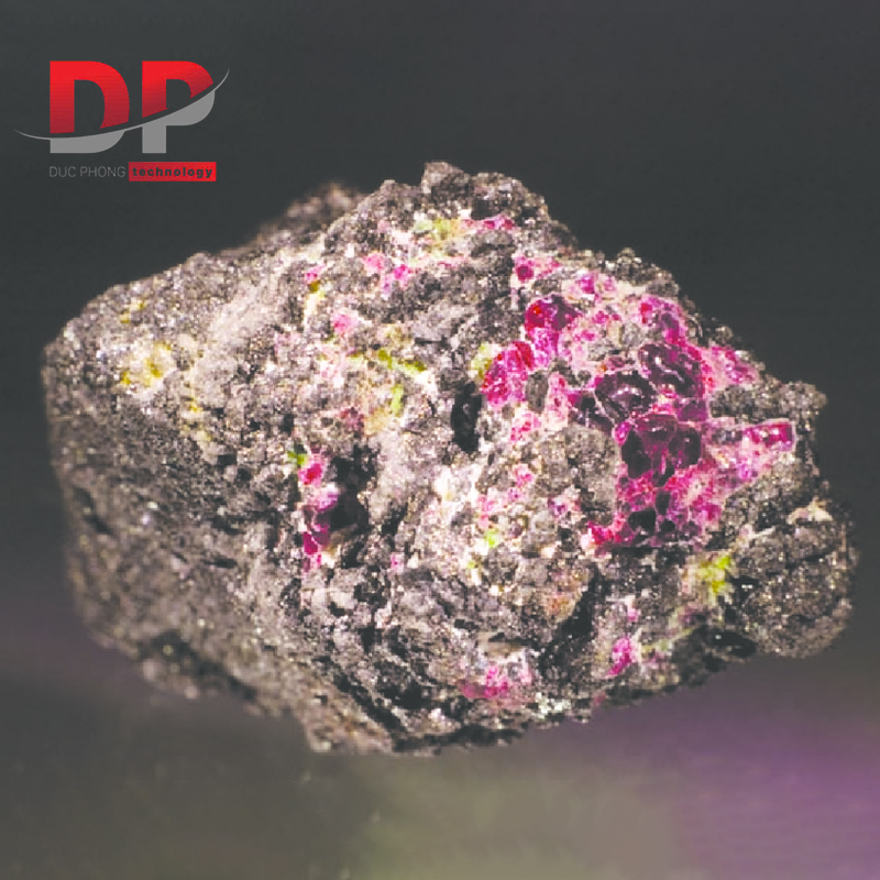 Khối kim cương đa tinh thể với sự xen kẽ của garnet peridotit (màu đỏ) và clinopyroxen (màu xanh lục)