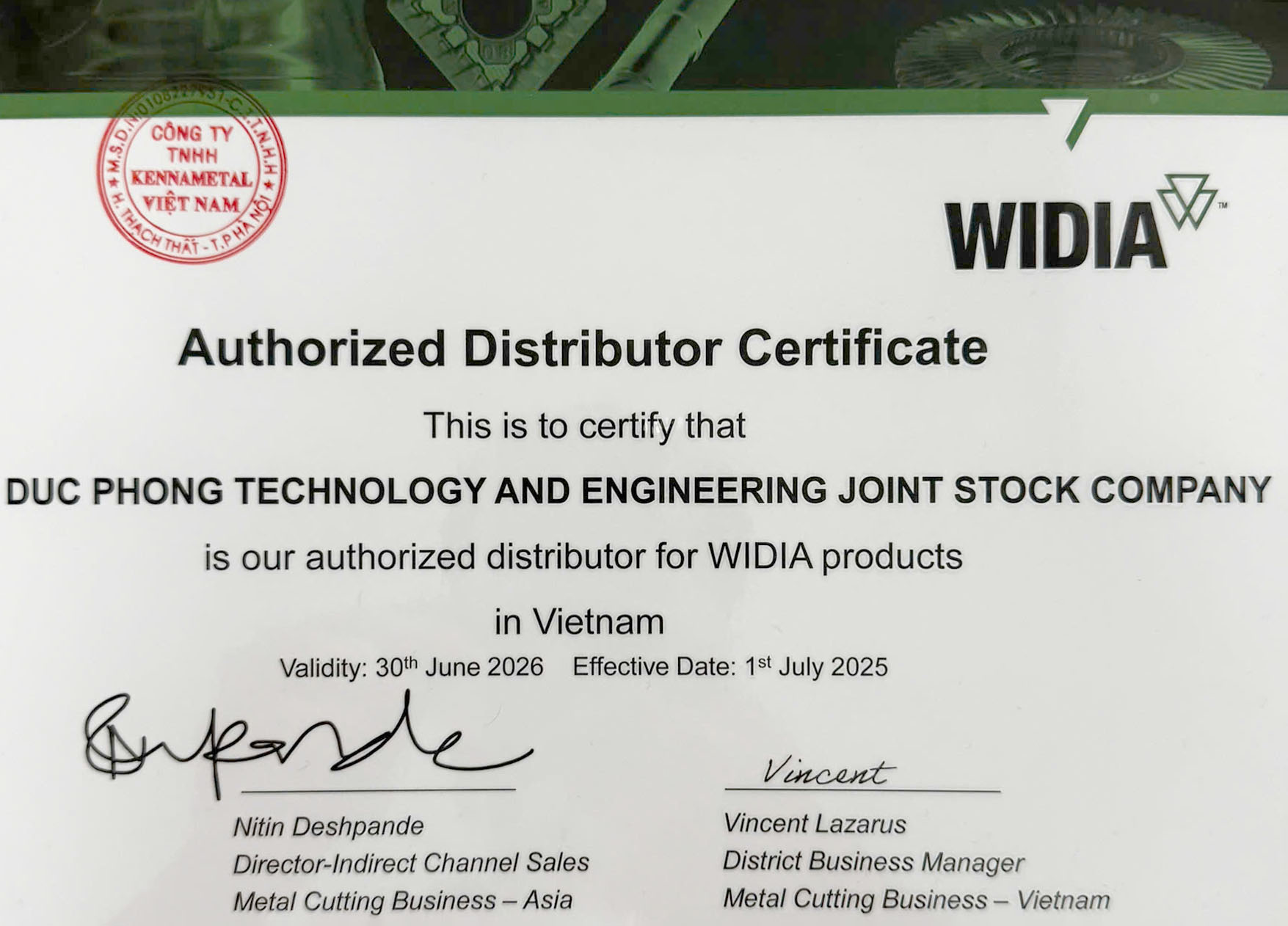 Giấy chứng nhận của widia