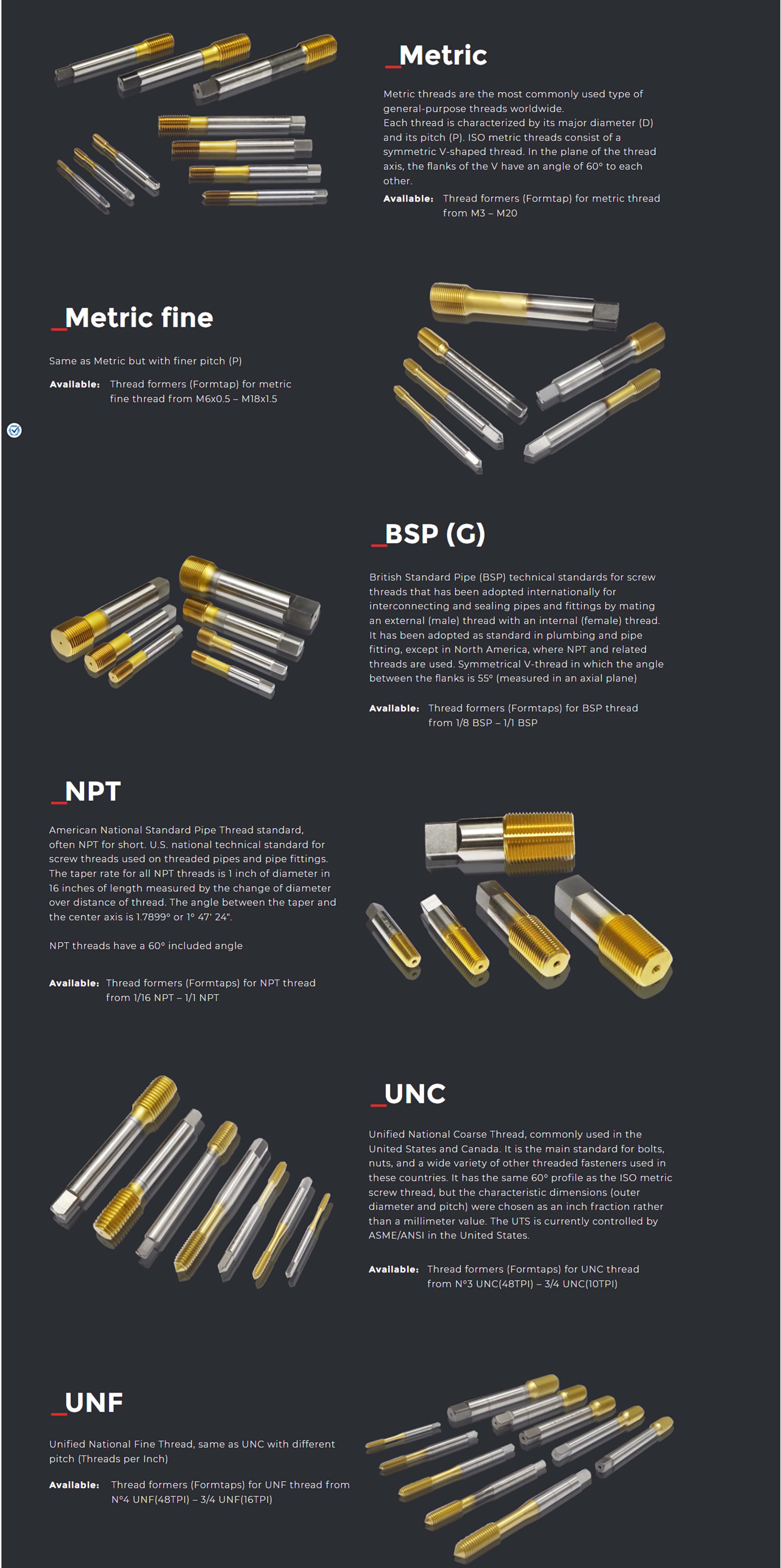 Dao tạo ren nhiệt Formtap, ren được hình thành không phoi, M3 – M20, tiêu chuẩn UN