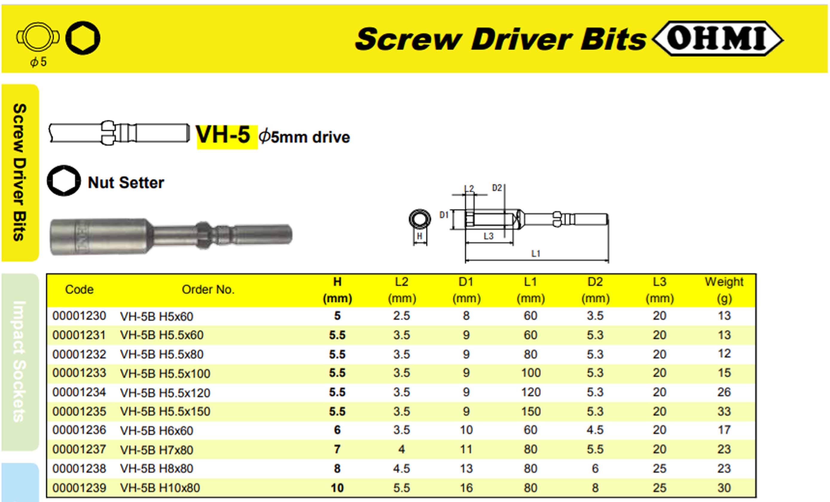 Đầu bắn bu lông lục giác OHMI VH-5B H5.5x150 Nhật Bản