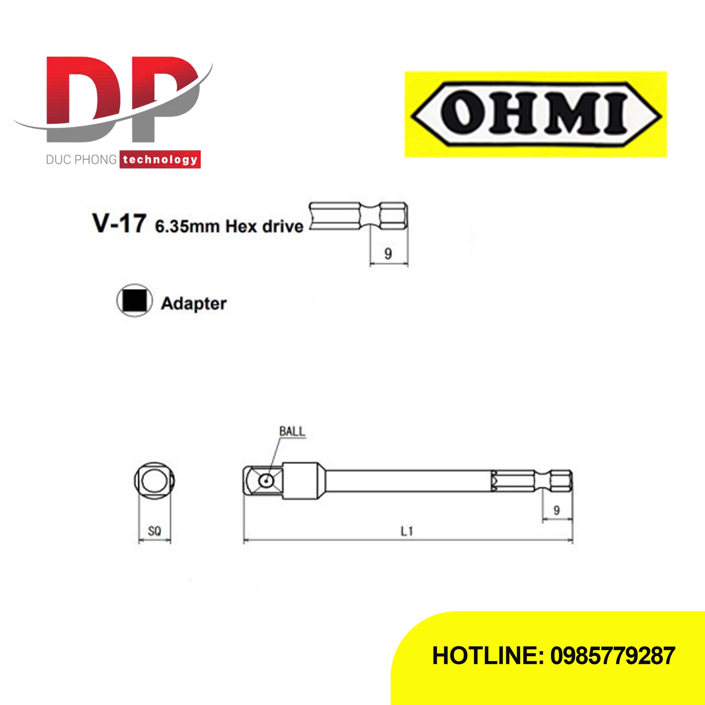 Đầu chuyển đổi tuýp 3/8 inch sang ổ vít 6.35mm OHMI V-17AD SQ9.52x70 BALL