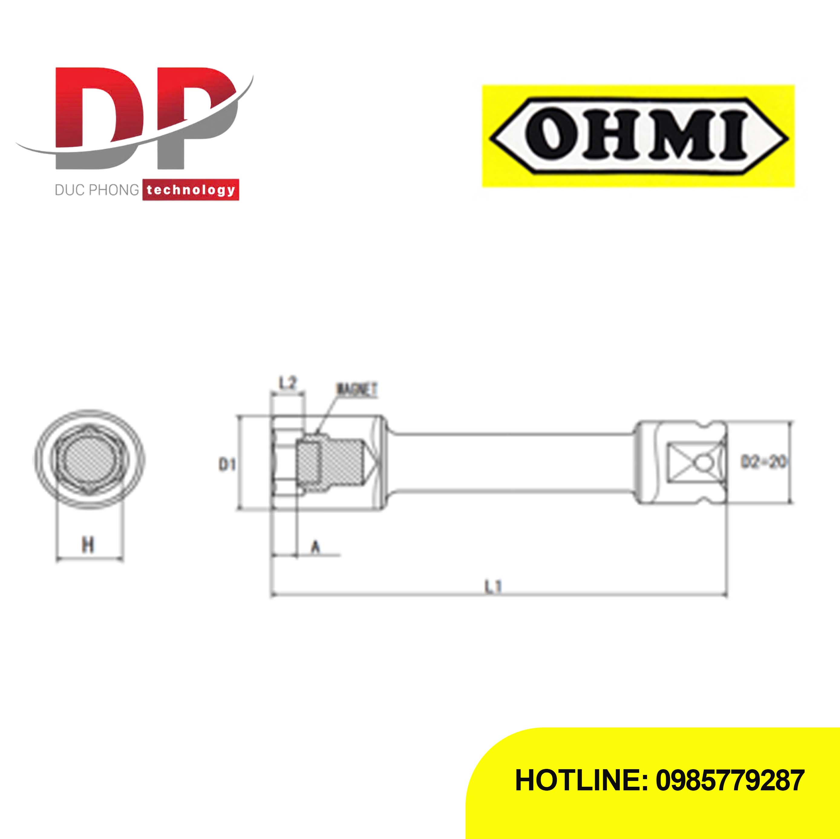 Đầu tuýp dài 3/8 inch OHMI SEIKI OS-3B H14x100 EX MAG – Extension Socket nam châm cố định