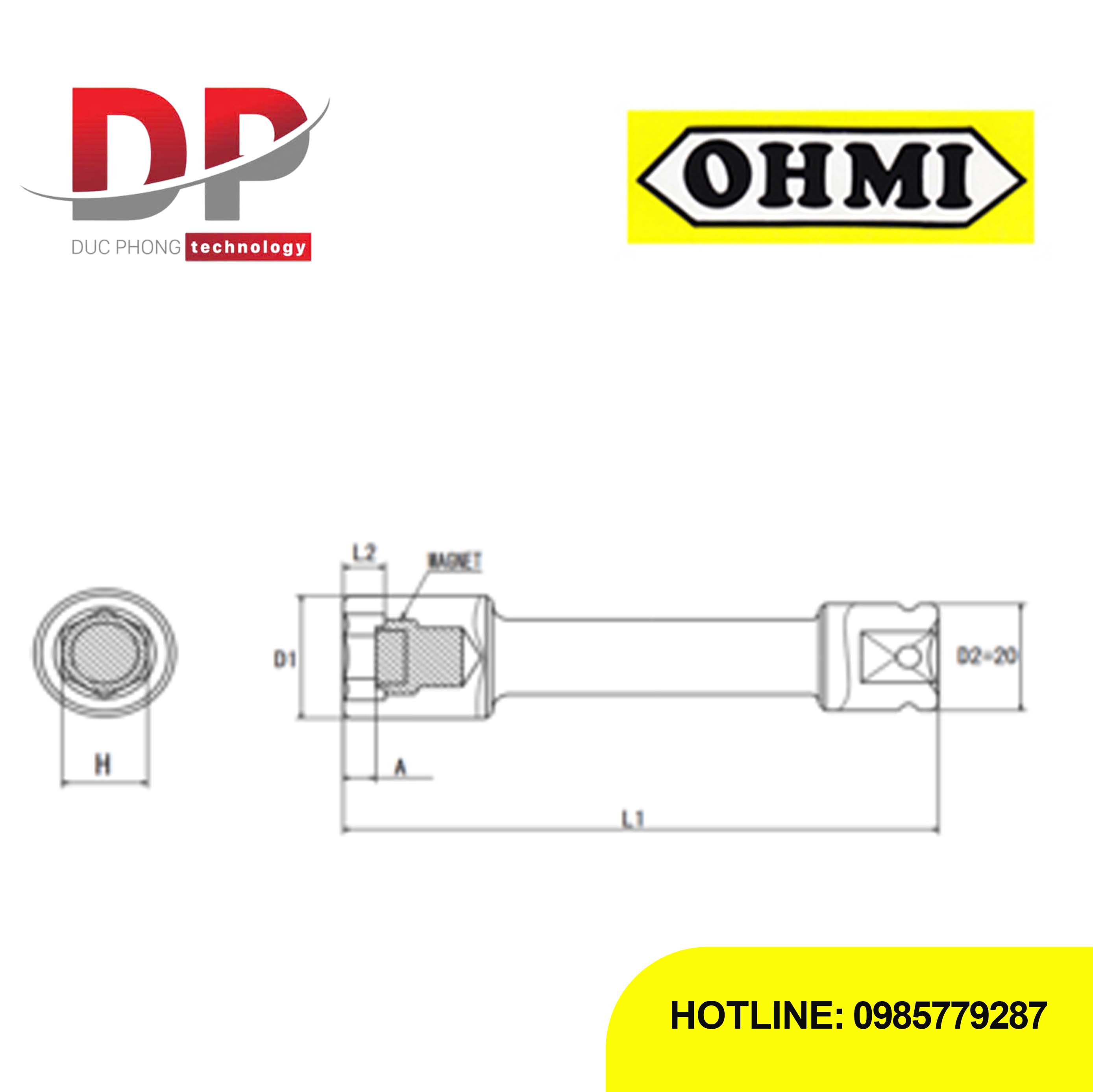 Đầu tuýp dài 3/8 inch OHMI SEIKI OS-3B H14x250 EX MAG – Extension Socket nam châm cố định