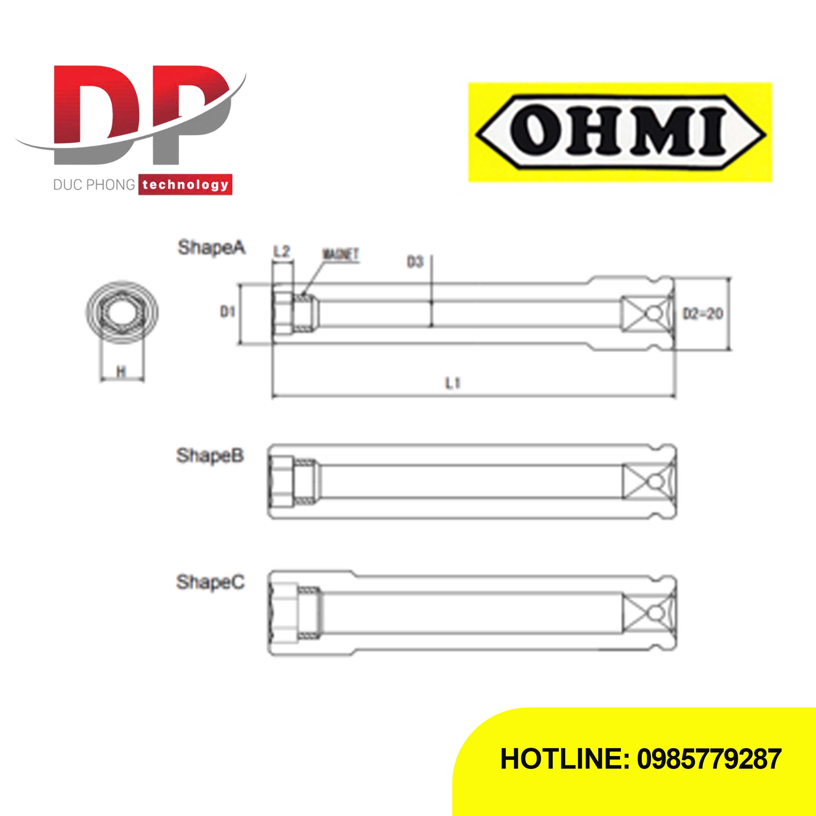 Đầu tuýp Impact dài Ohmi OS-3B H10x55 DE MR 3/8 inch có nam châm
