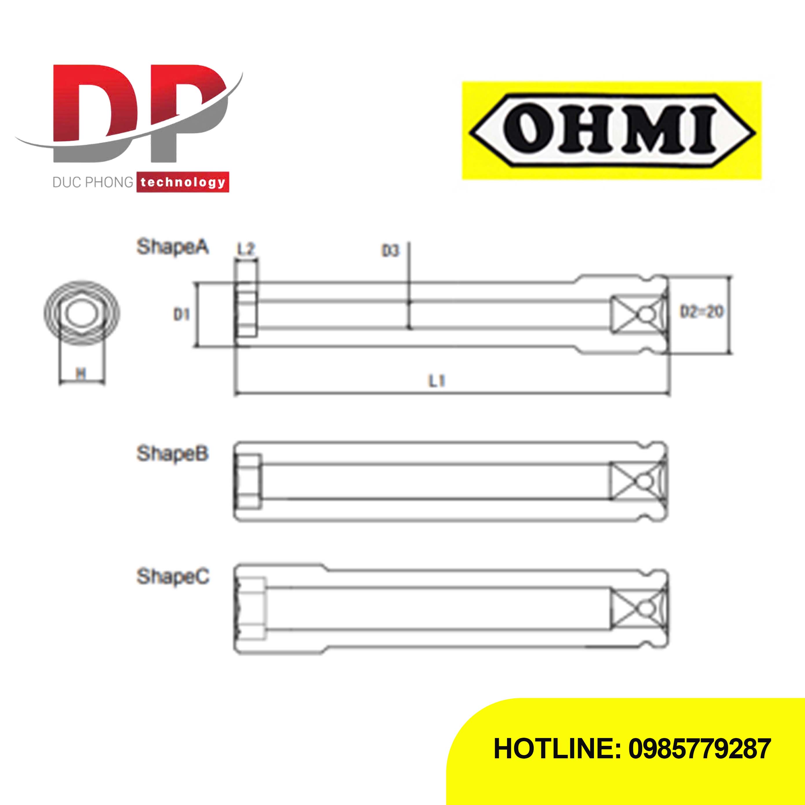 Đầu tuýp Impact dài Ohmi OS-3B H12x100 DE 3/8 inch (Không nam châm)