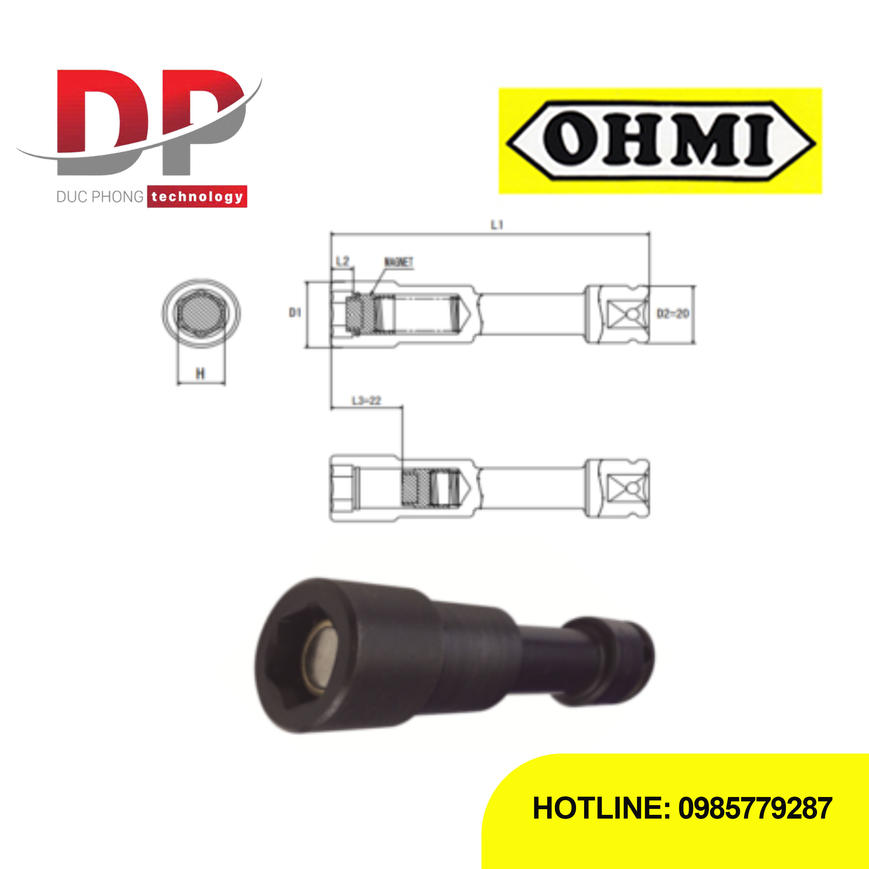Đầu tuýp dài lục giác nam châm trượt Ohmi OS-3B H10x150 EX SM
