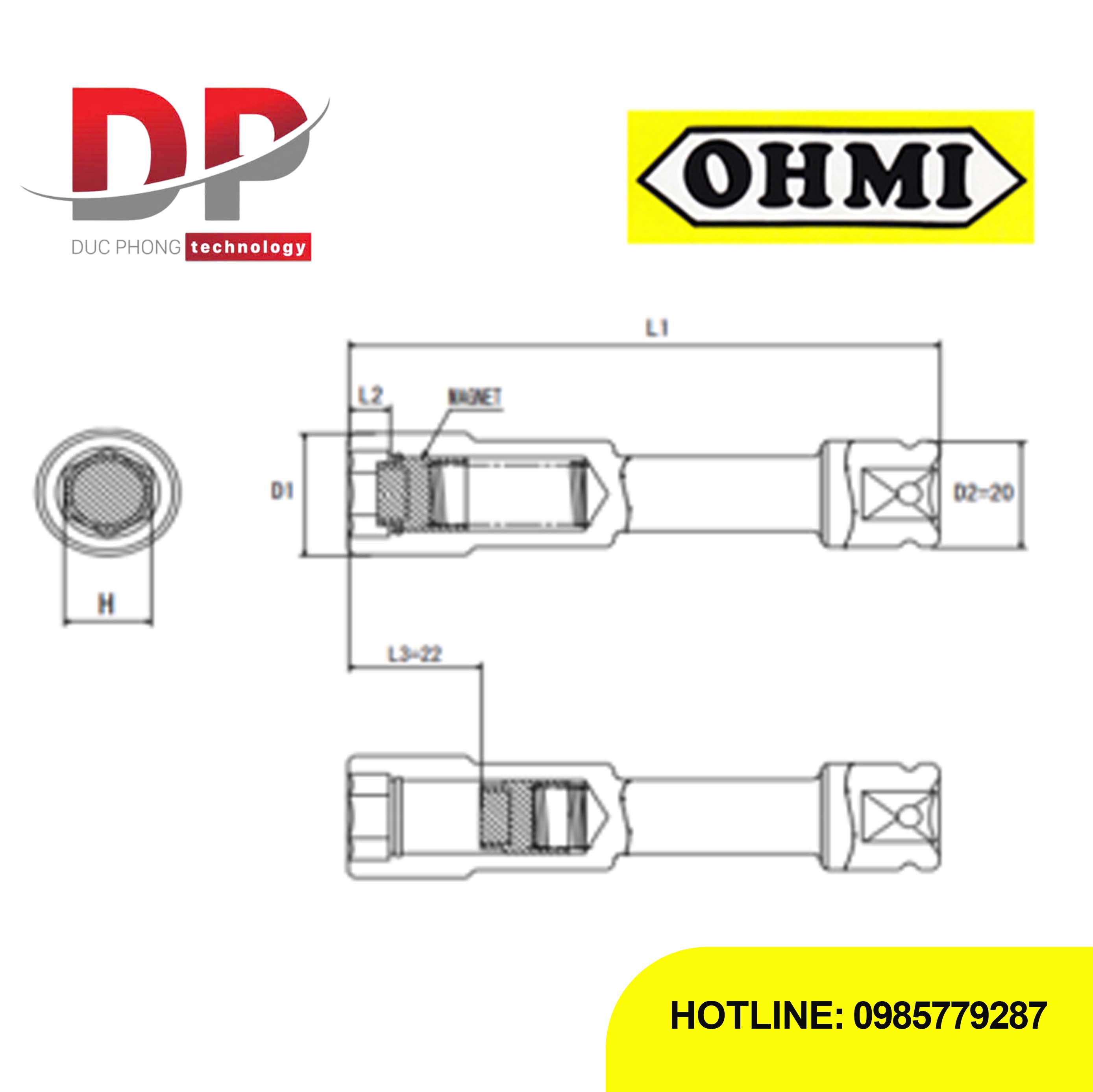 Đầu tuýp Impact nối dài có nam châm trượt Ohmi OS-3B H12x150 EX SM 3/8 inch (Slide Magnet)