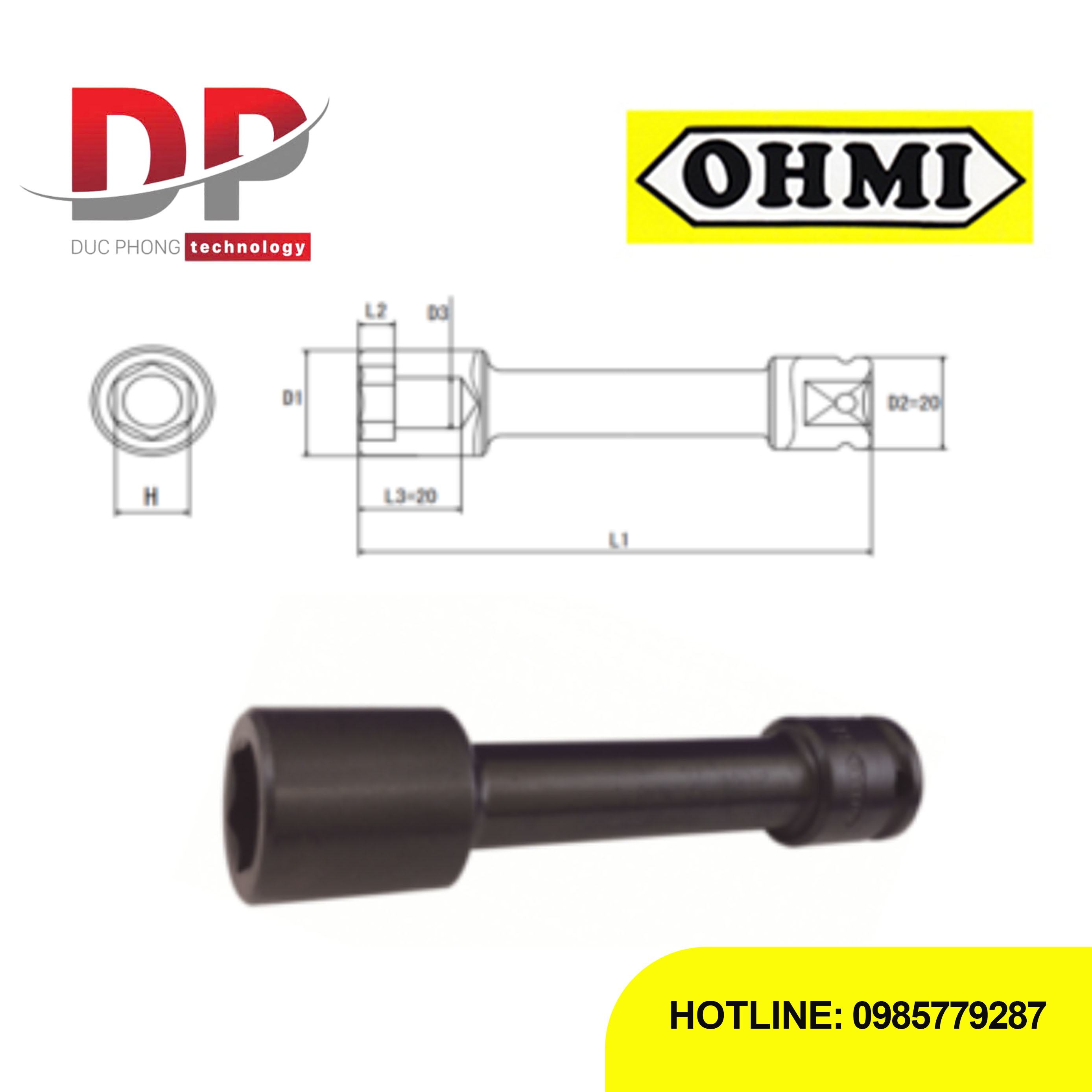Đầu tuýp Impact Ohmi OS-3B H10x250 EX 3/8 inch (Không nam châm)
