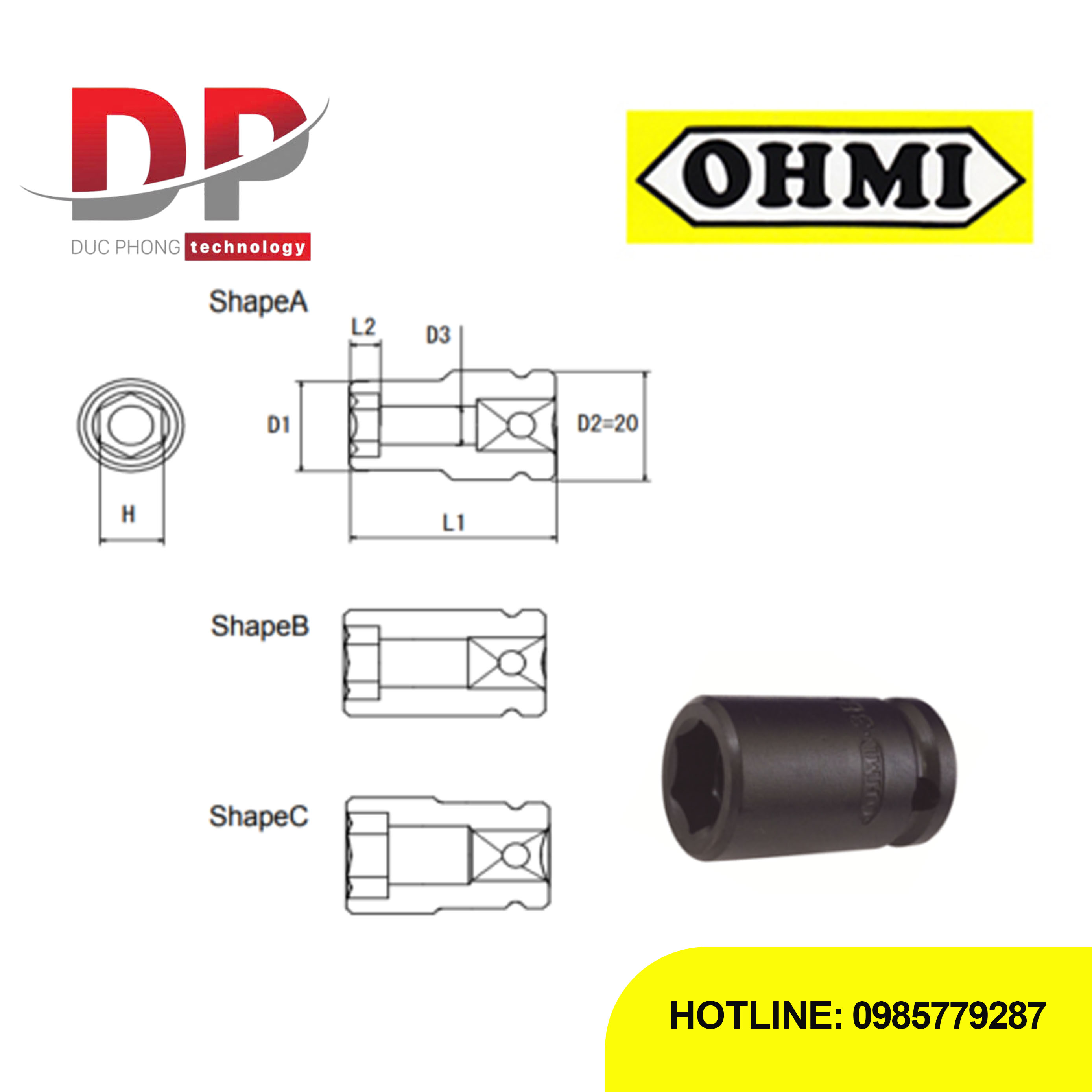 Đầu tuýp Impact Ohmi OS-3B H10x34 3/8 inch (Ngắn)