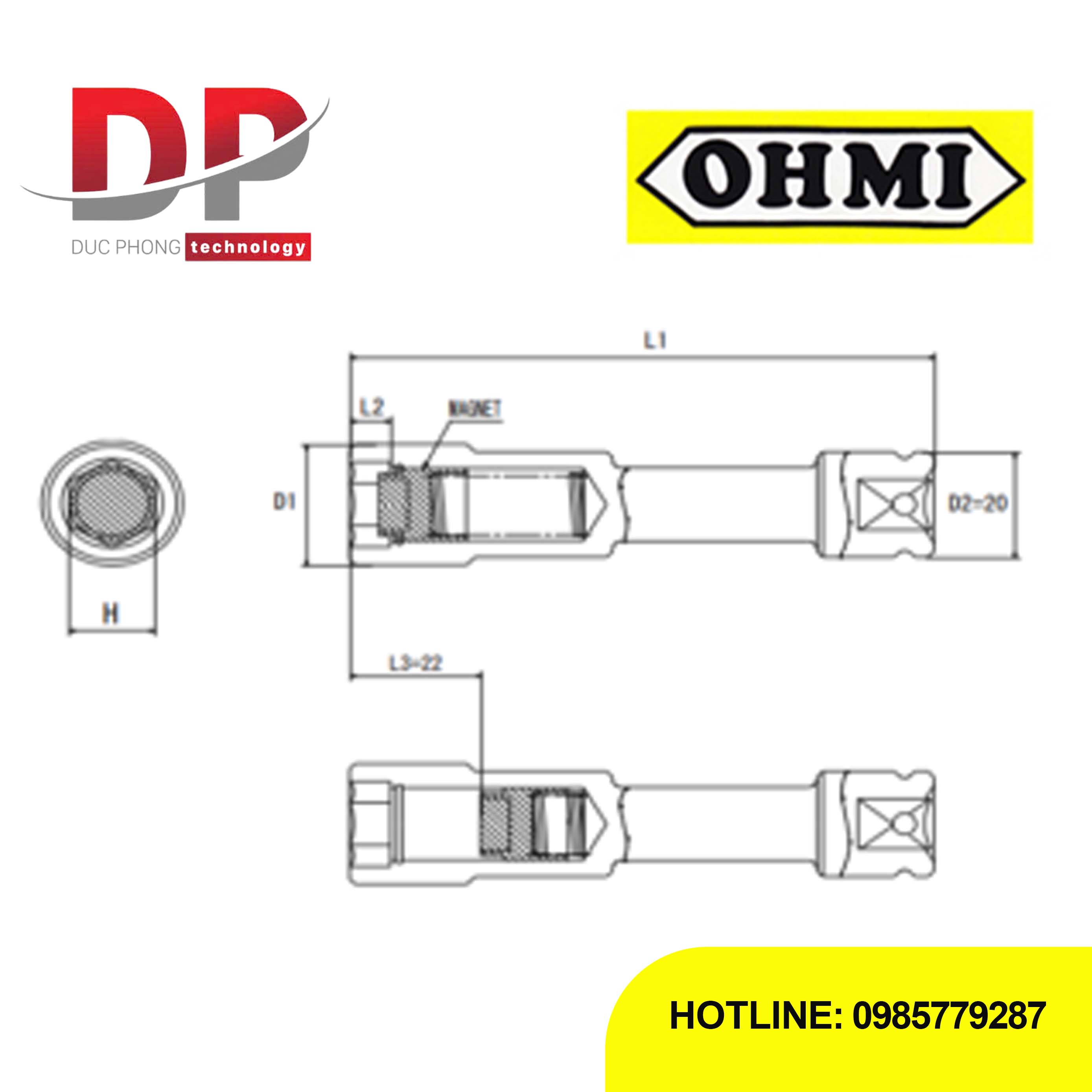 Đầu tuýp Impact Ohmi OS-3B H13x100 EX SM 3/8 inch Extension Slide Magnet