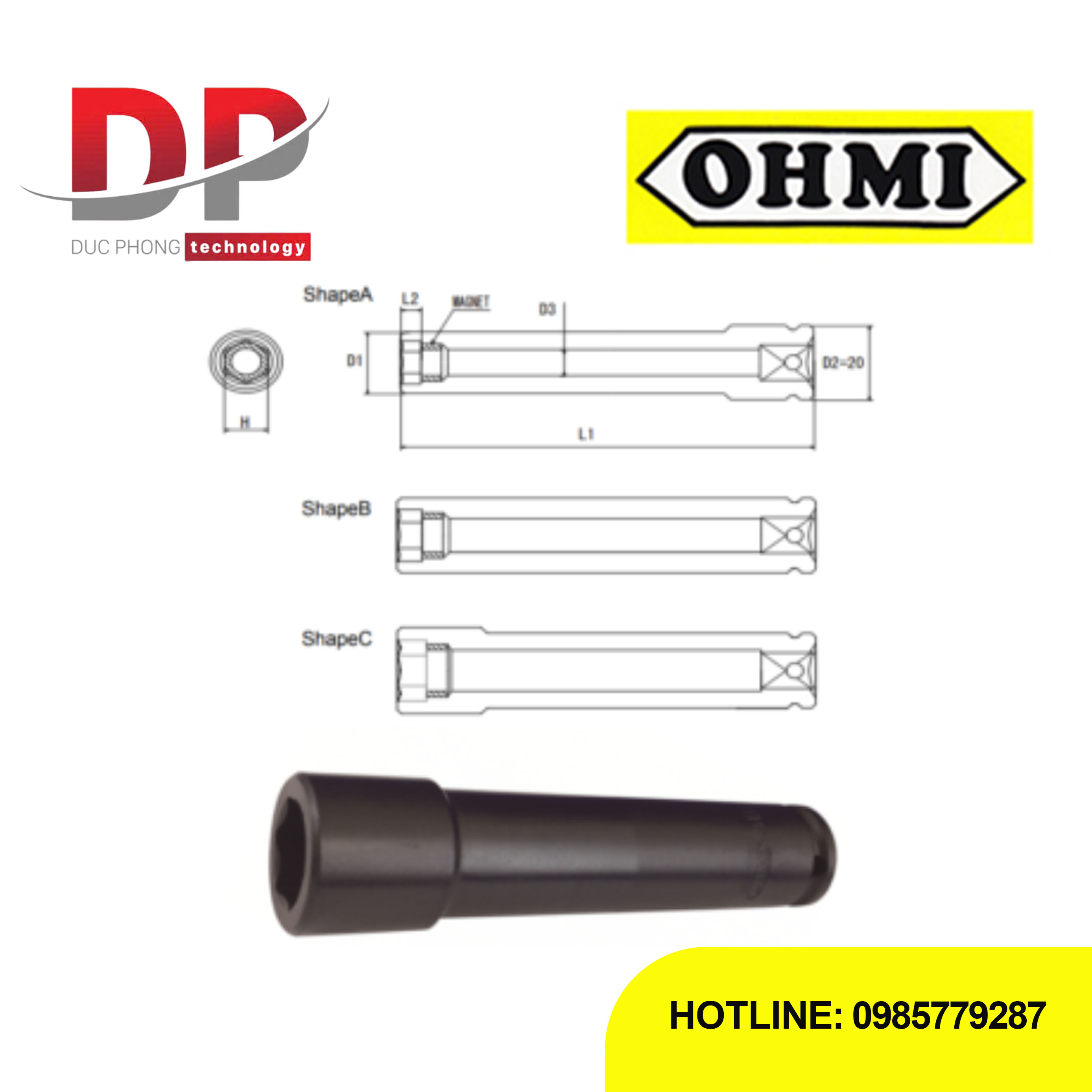 Đầu tuýp lục giác có nam châm Ohmi OS-3B H10x100 DE MR