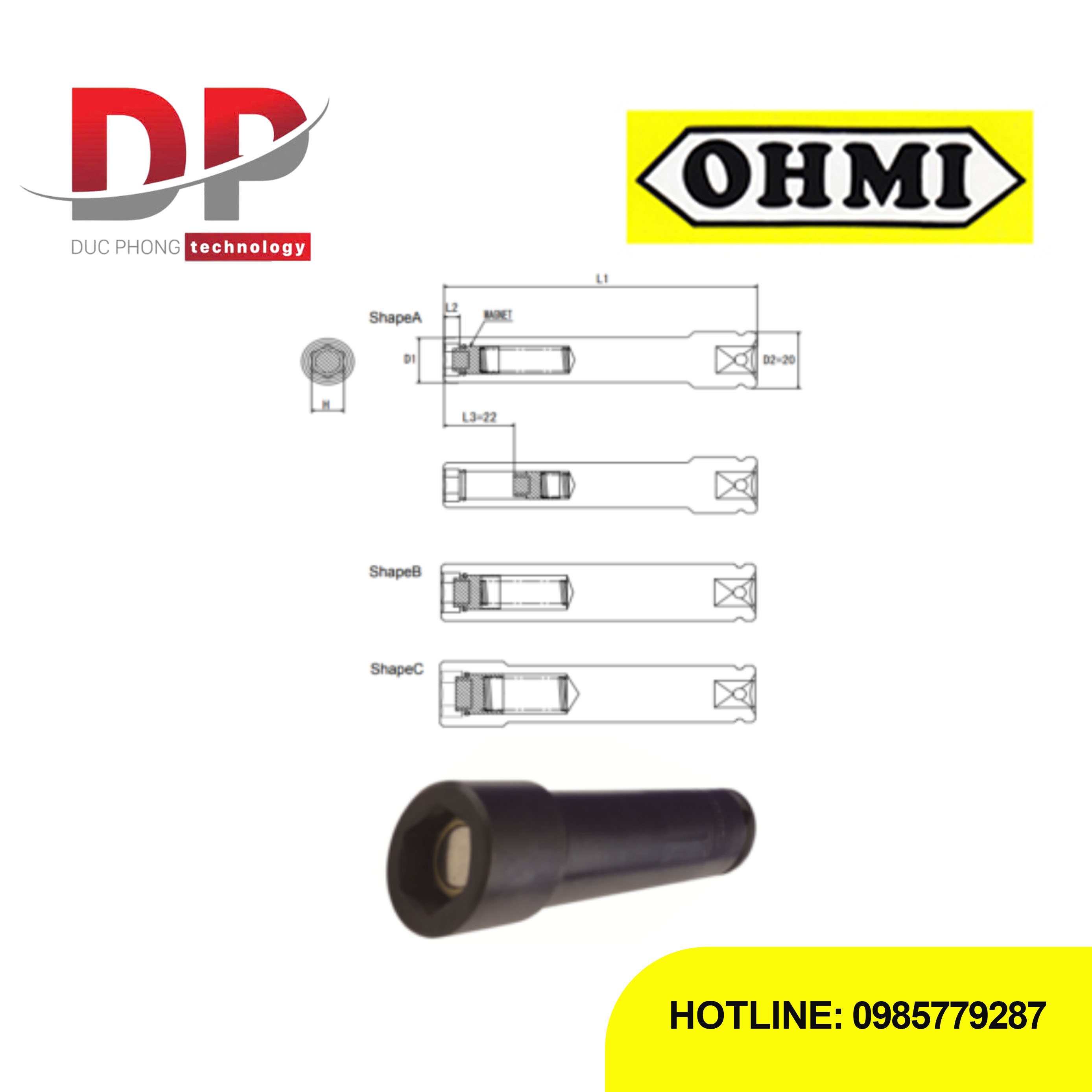 Đầu tuýp lục giác có nam châm trượt Ohmi OS-3B H10x100 SM