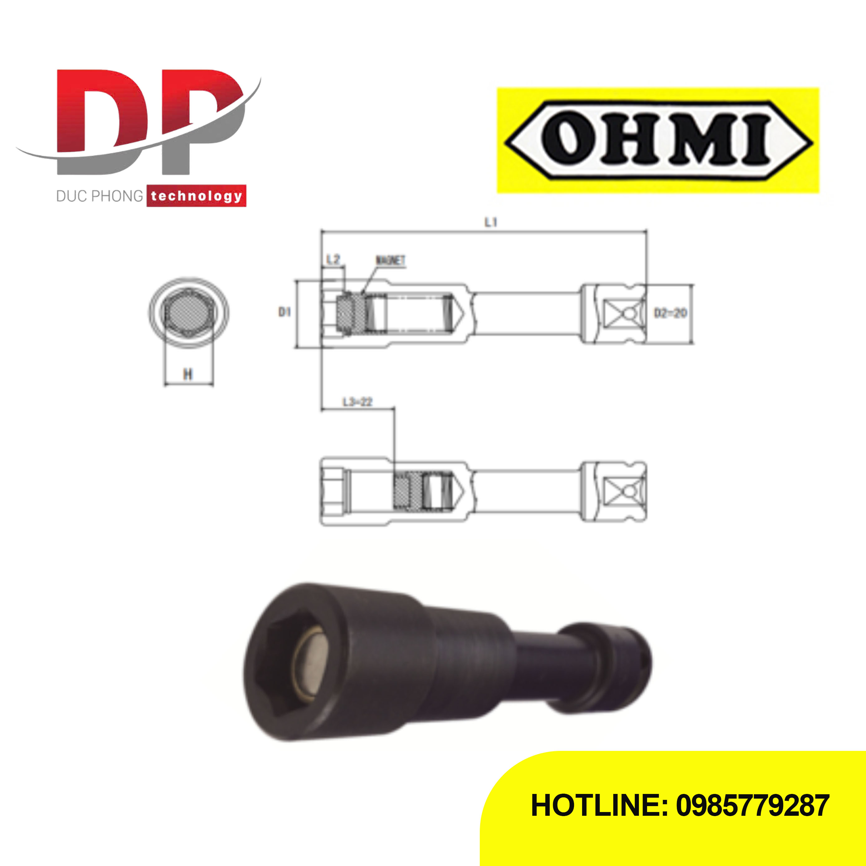 Đầu tuýp nối dài có nam châm trượt Ohmi OS-3B H10x100 EX SM