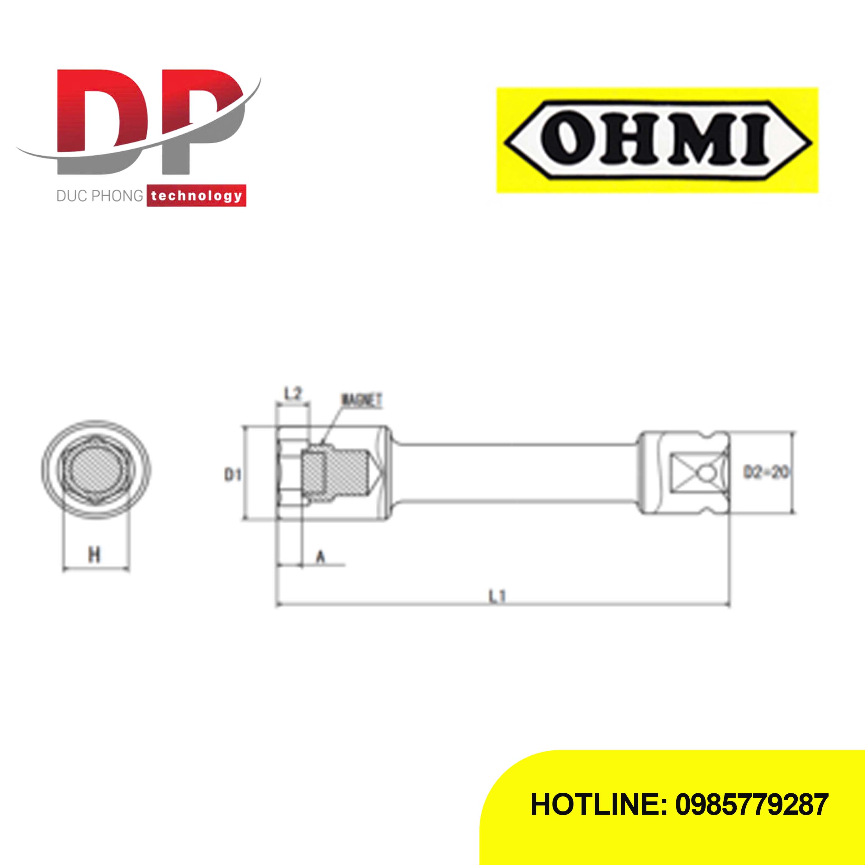 Đầu tuýp nối dài Impact có nam châm cố định Ohmi OS-3B H12x250 EX MAG 3/8 inch