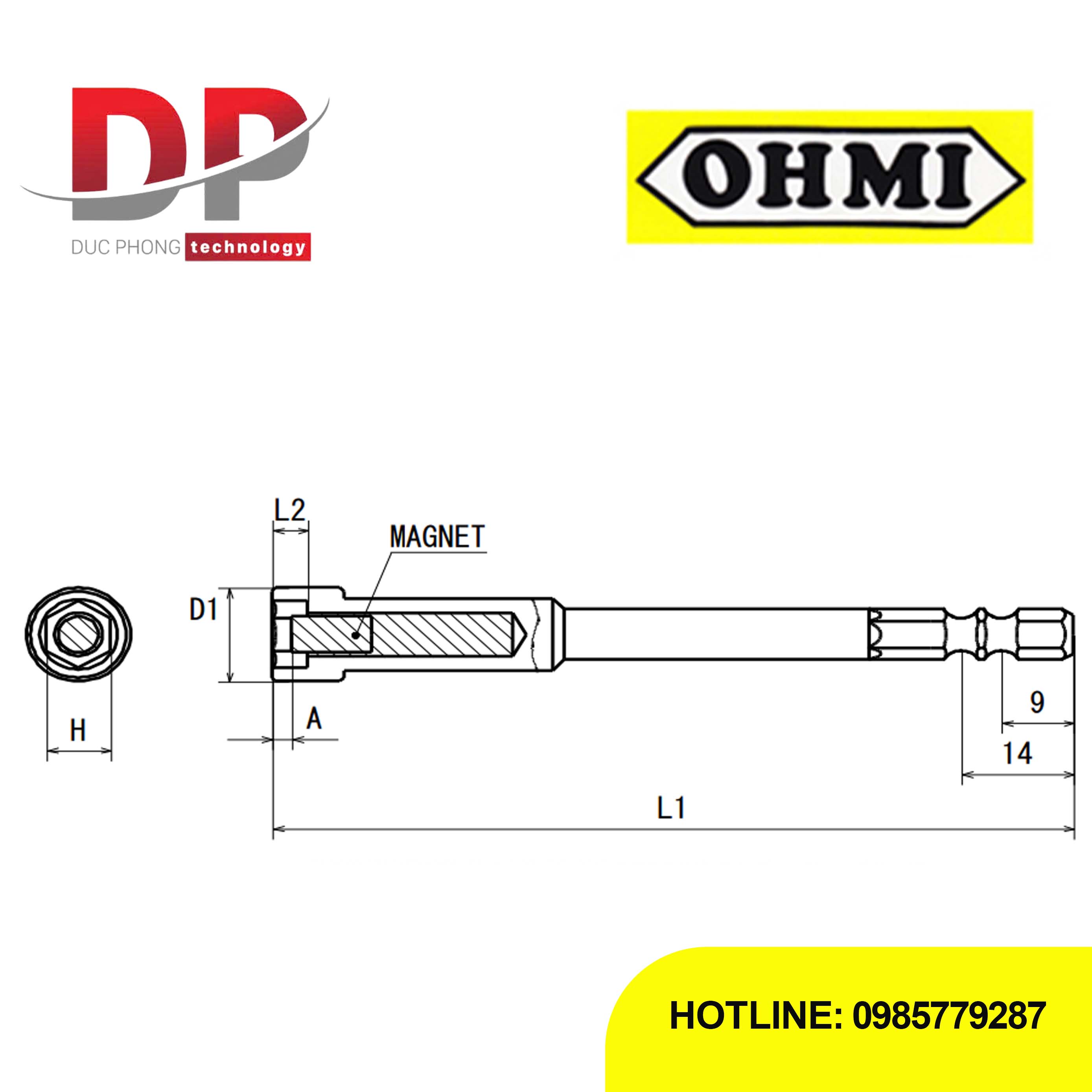 Đầu vặn đai ốc bulong có nam châm Ohmi V-32B H5.5x150 MAG