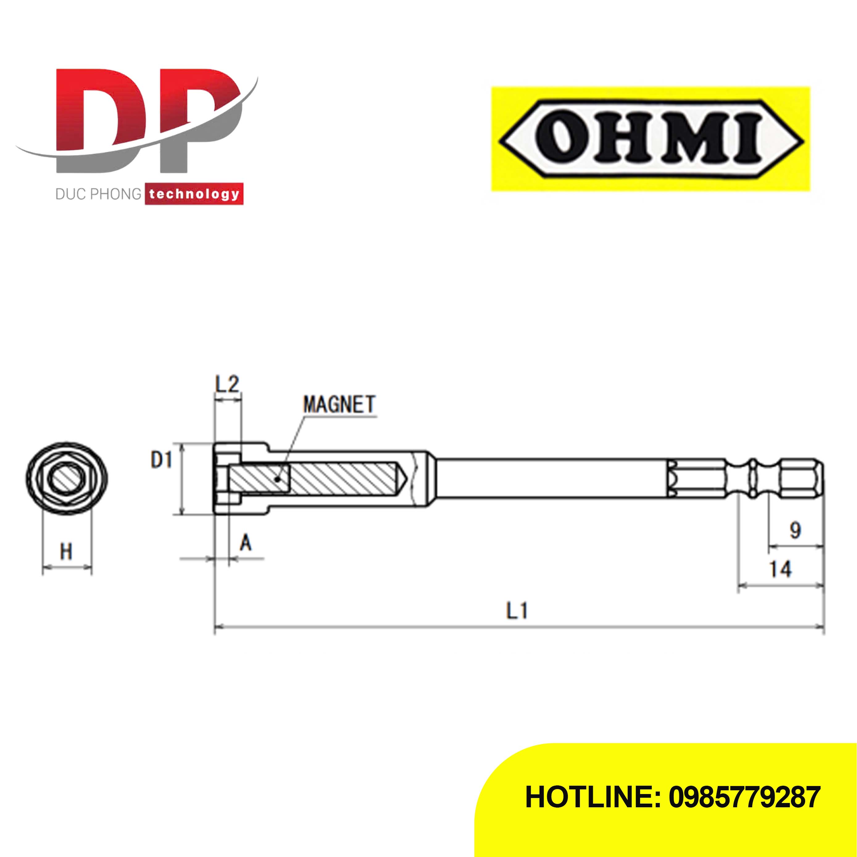 Đầu vặn đai ốc bulong Ohmi V-32B H13x55 MAG có nam châm