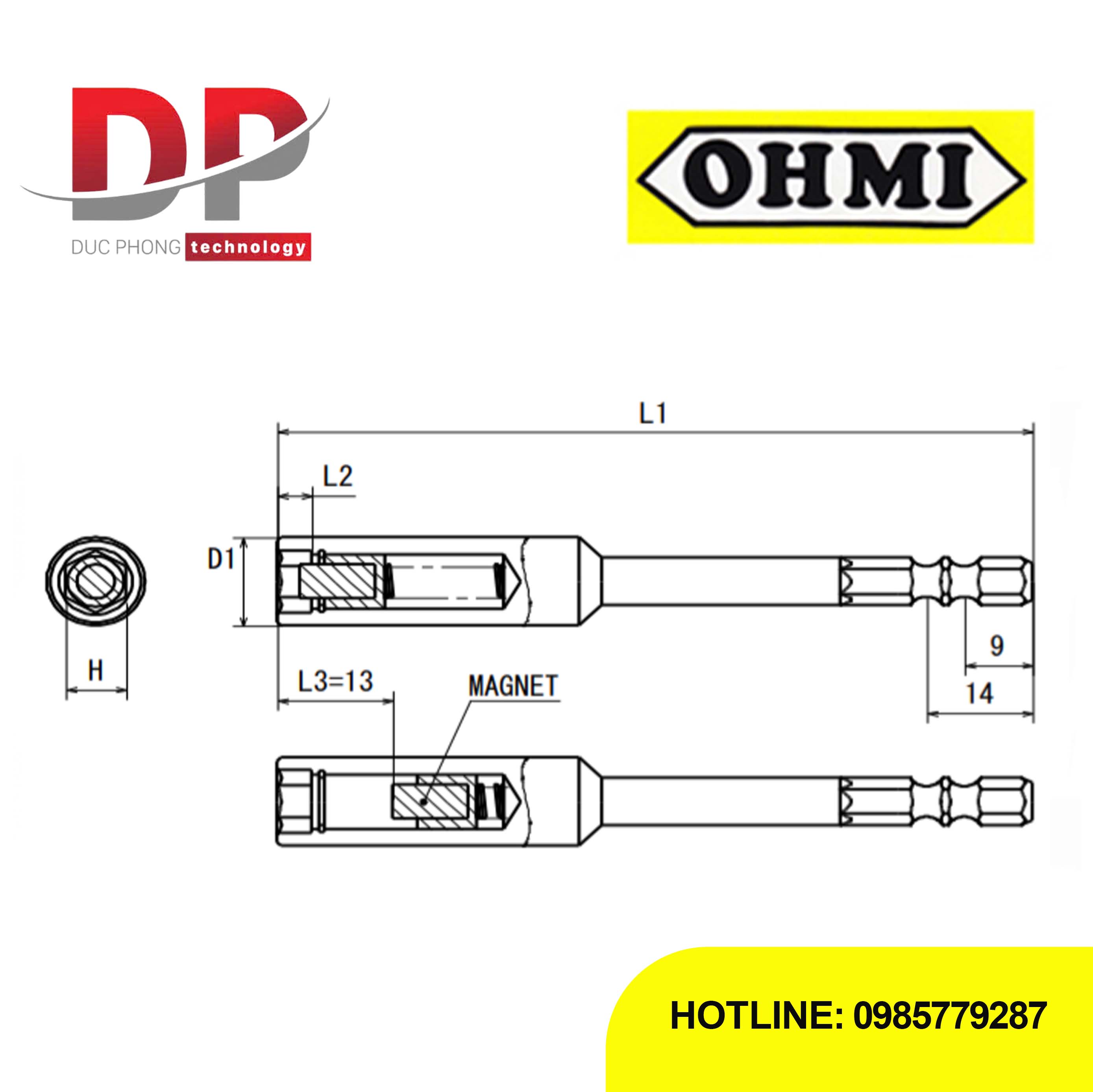 Đầu vặn đai ốc bulong Ohmi V-32B H5.5x100 SM (Nam châm trượt)