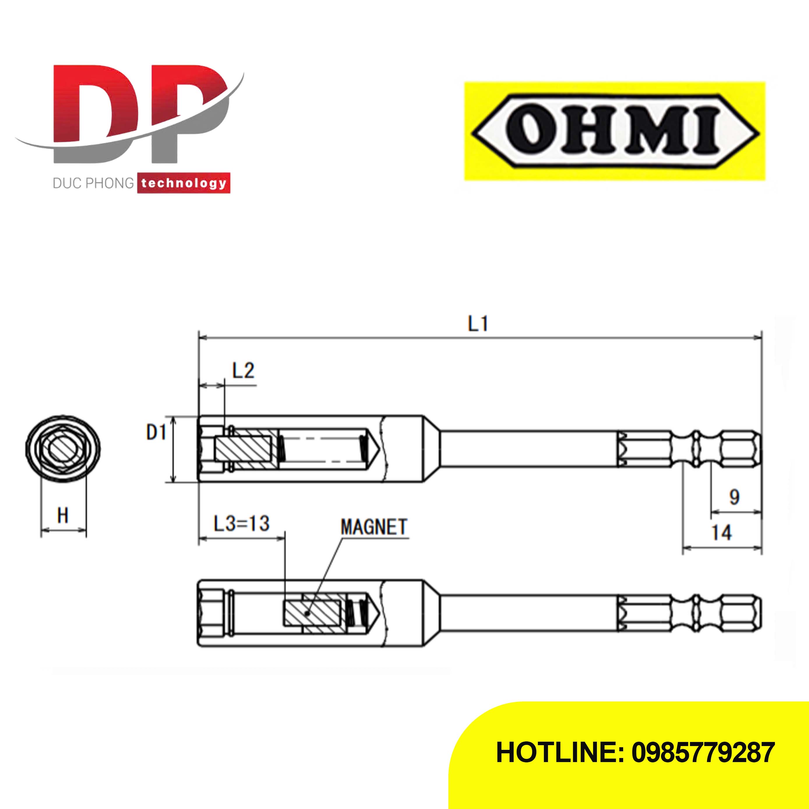 Đầu vặn đai ốc bulong Ohmi V-32B H5.5x150 SM (Nam châm trượt)