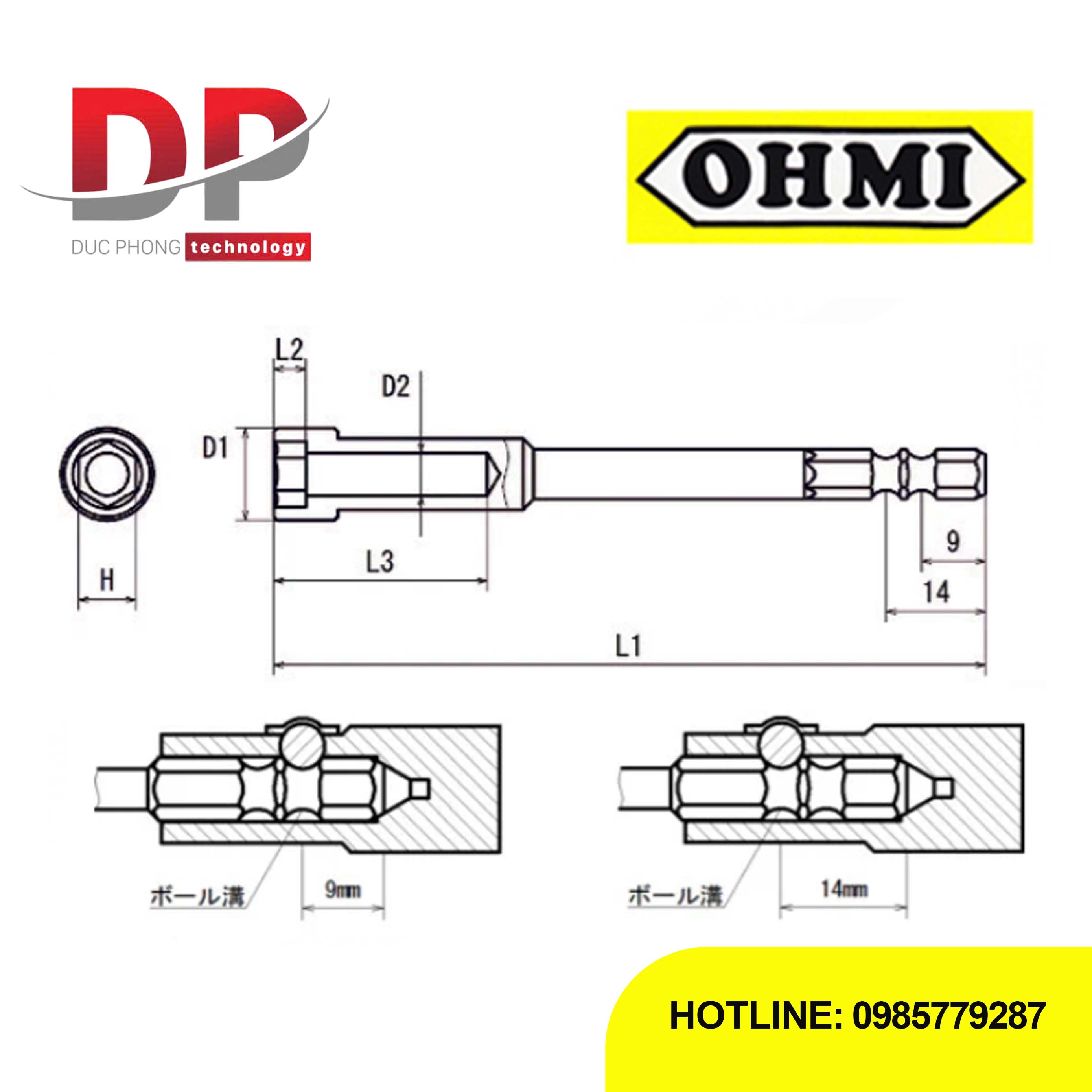 Đầu vặn đai ốc bulong Ohmi V-32B H5.5x70 (Không nam châm)