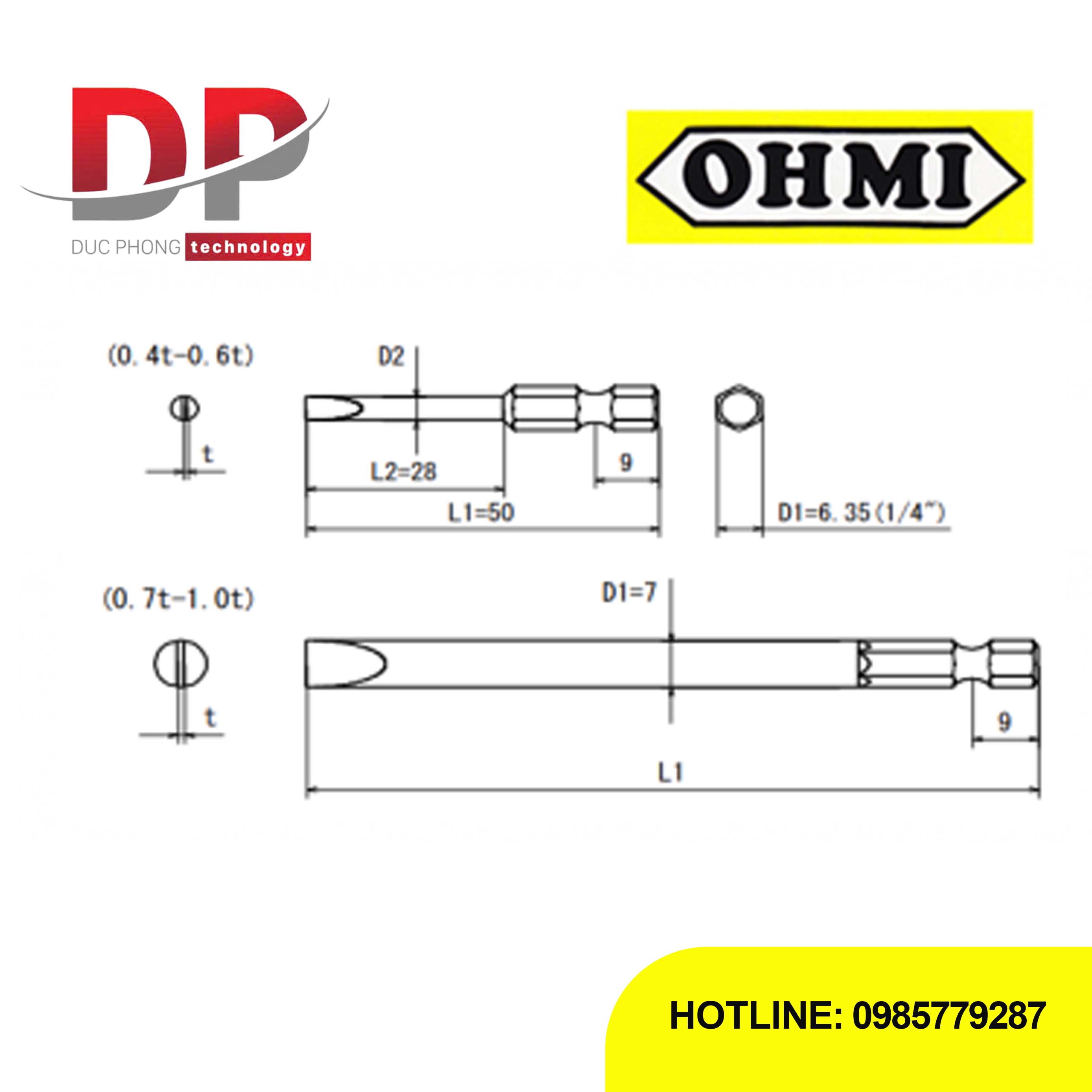 Đầu vặn ốc 2 cạnh OHMI V-17M 0.4tx6.35×50(2.5×28) phi 6.35mm, 50mm, Nhật Bản