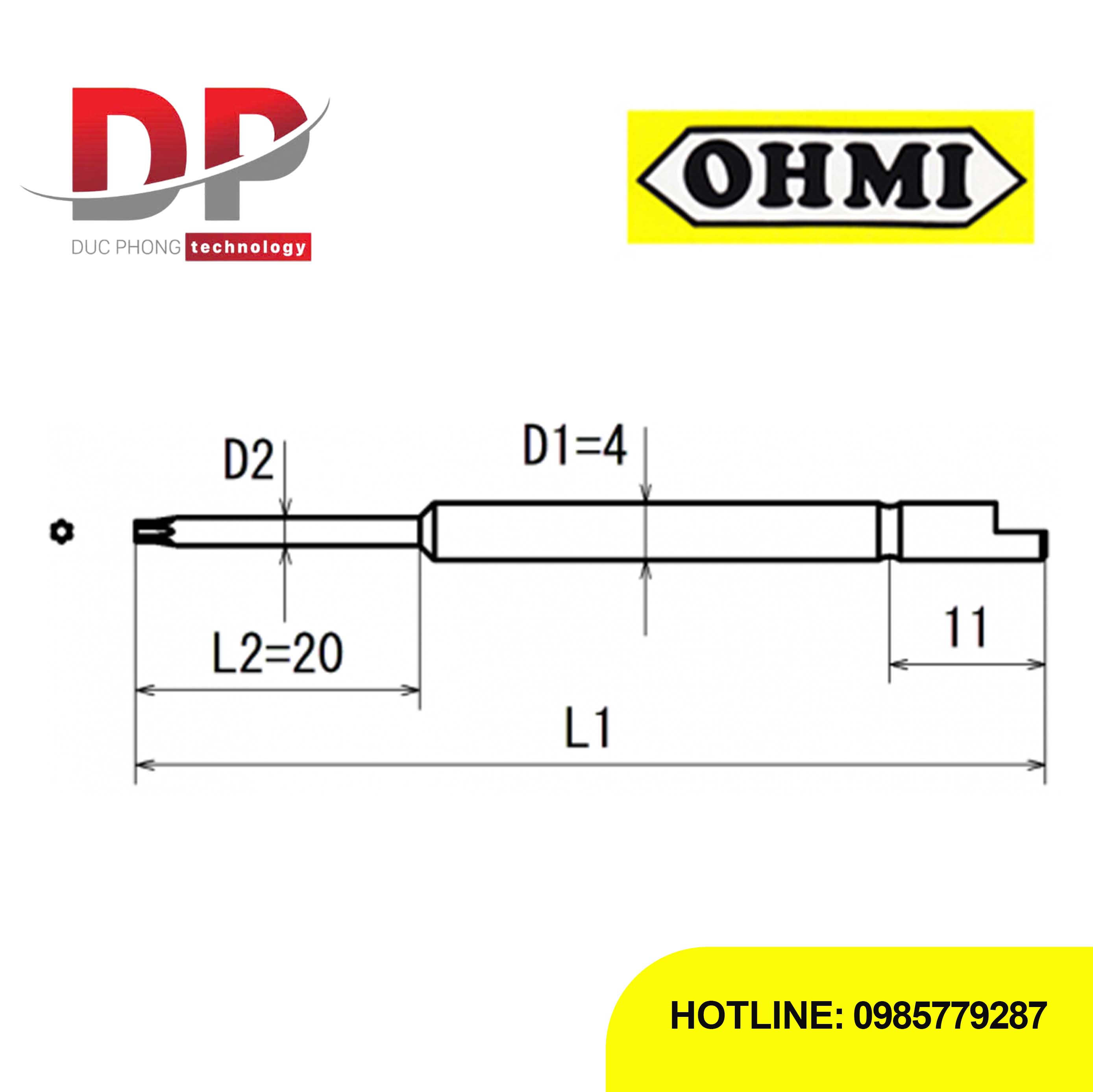 Đầu vặn ốc hoa thị có lỗ OHMI V-05T T9Hx4x44(3×20) chuôi phi 4mm, 44mm, Nhật Bản