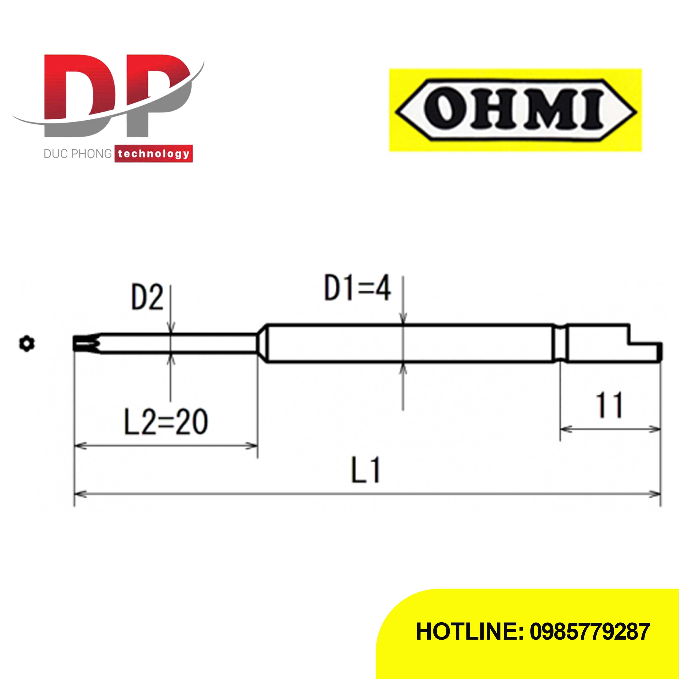 Đầu vặn ốc hoa thị có lỗ OHMI V-05T T9Hx4x64(3×20) chuôi phi 4mm, 64mm, Nhật Bản