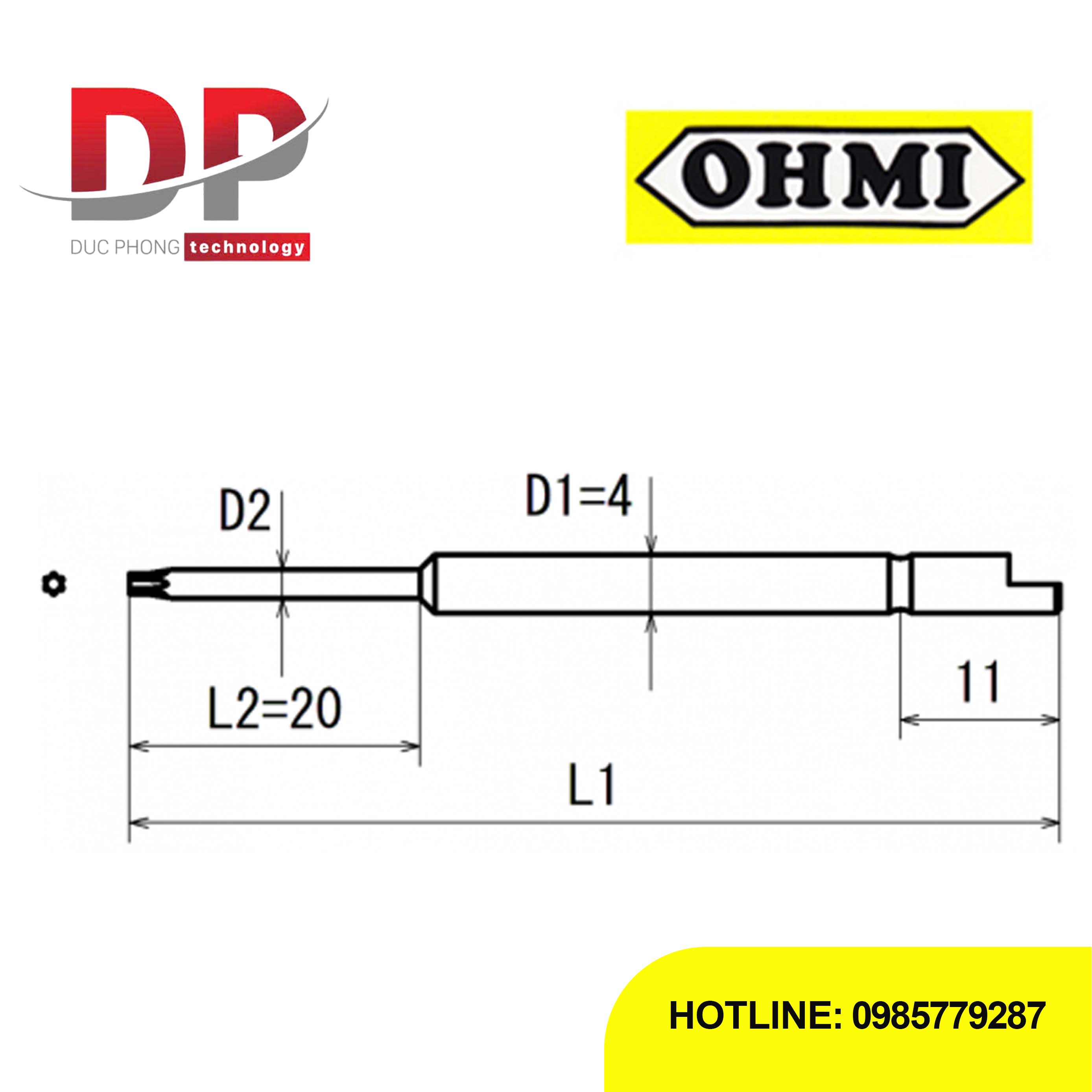 Đầu vặn vít hoa thị có lỗ OHMI V-05T T10Hx4x44(3×20) chuôi fi 4mm, 44mm, Nhật Bản