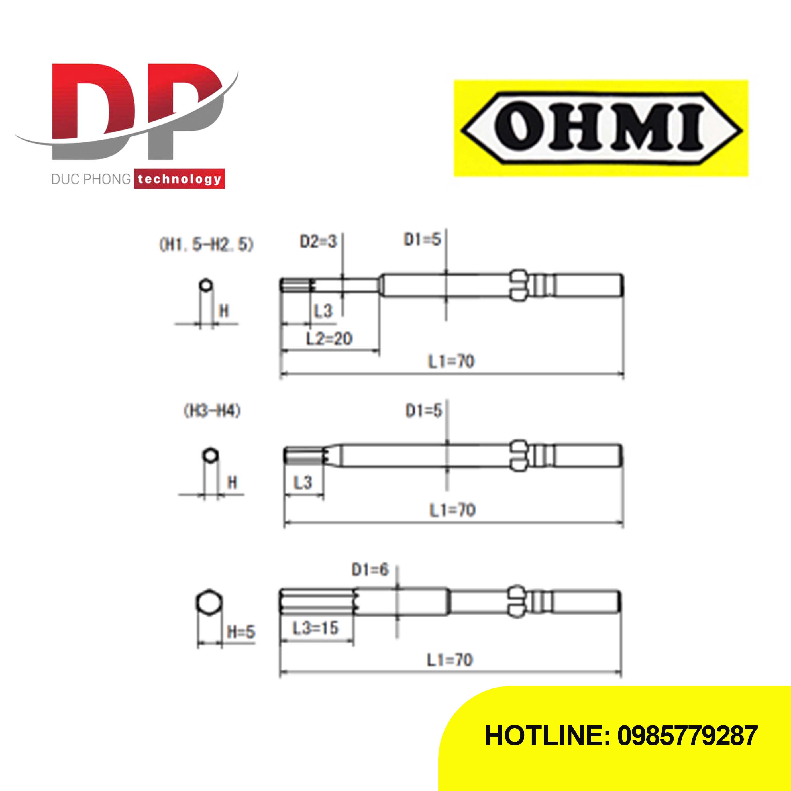 Đầu vặn vít lục giác Ohmi VH-5X H2.5x5x70(3×20) chuôi fi 5mm, 70mm, Nhật Bản