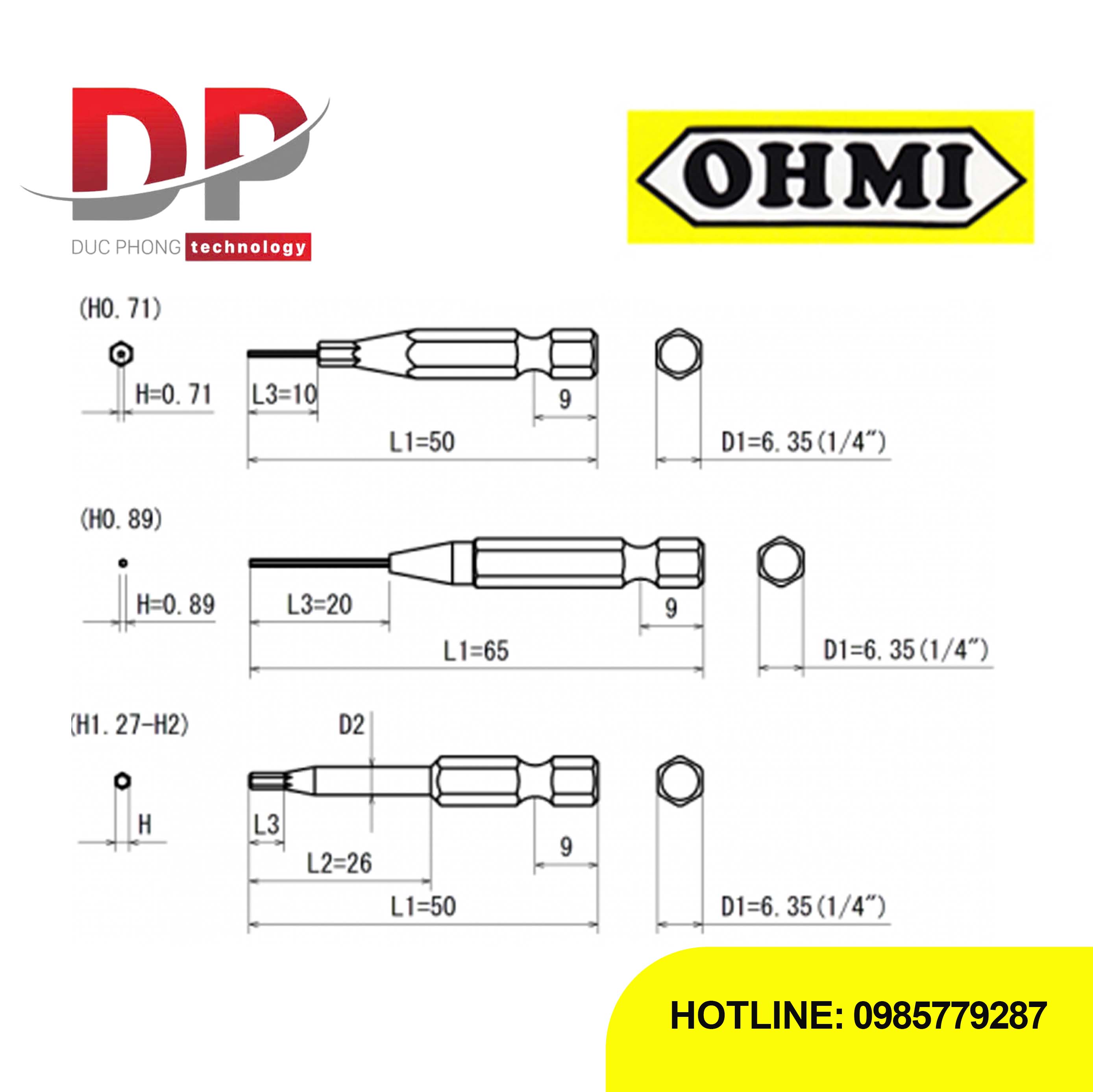 Đầu vặn vít lục giác chìm Ohmi V-17X H2.5x7x50 chuôi 6.35mm, 50mm, Nhật Bản