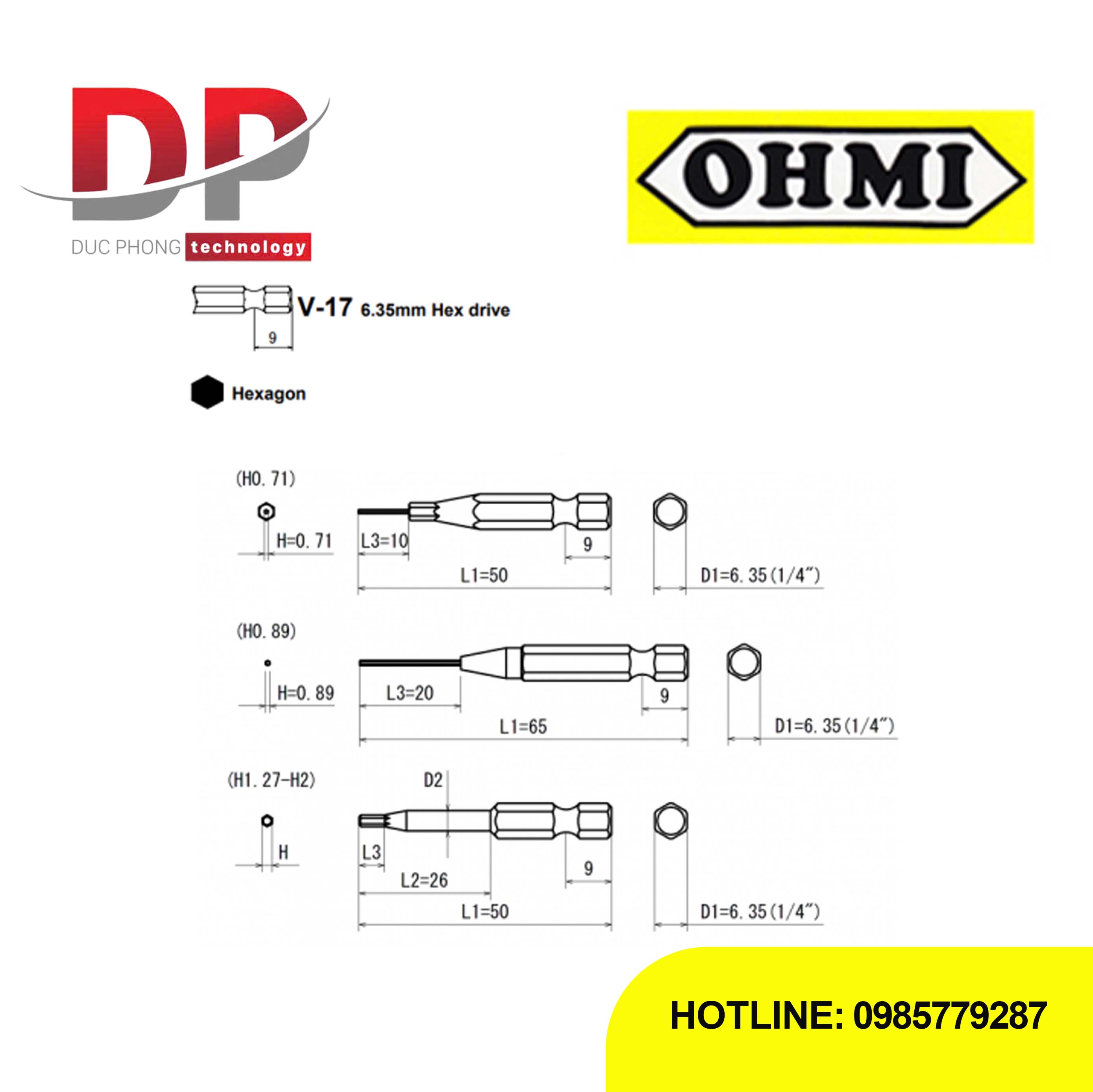 Đầu vặn vít lục giác chìm Ohmi V-17X H3x7x50 chuôi 6.35mm, 50mm, Nhật Bản