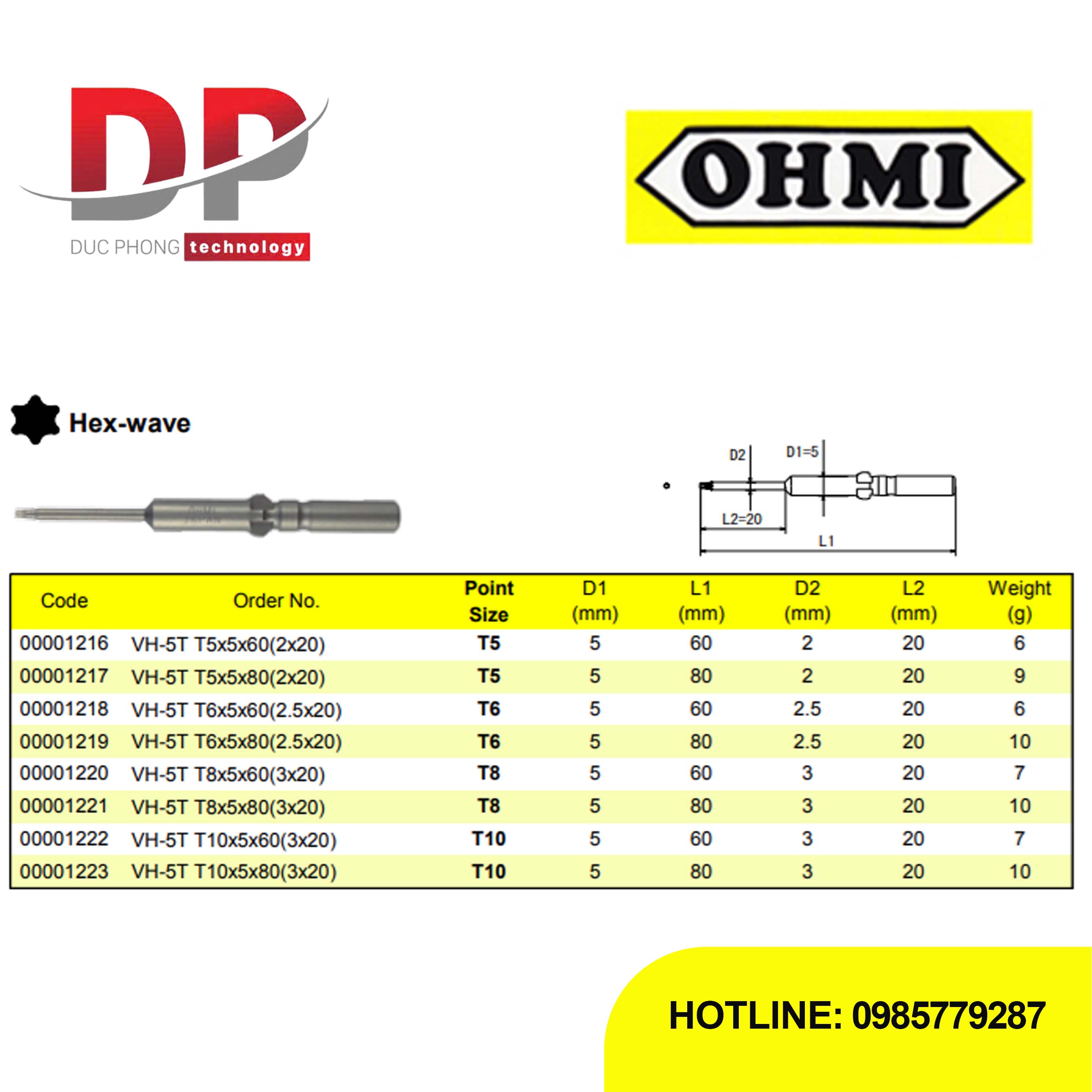 Đầu vặn ốc vít Ohmi VH-5T T5x5x60(2×20)