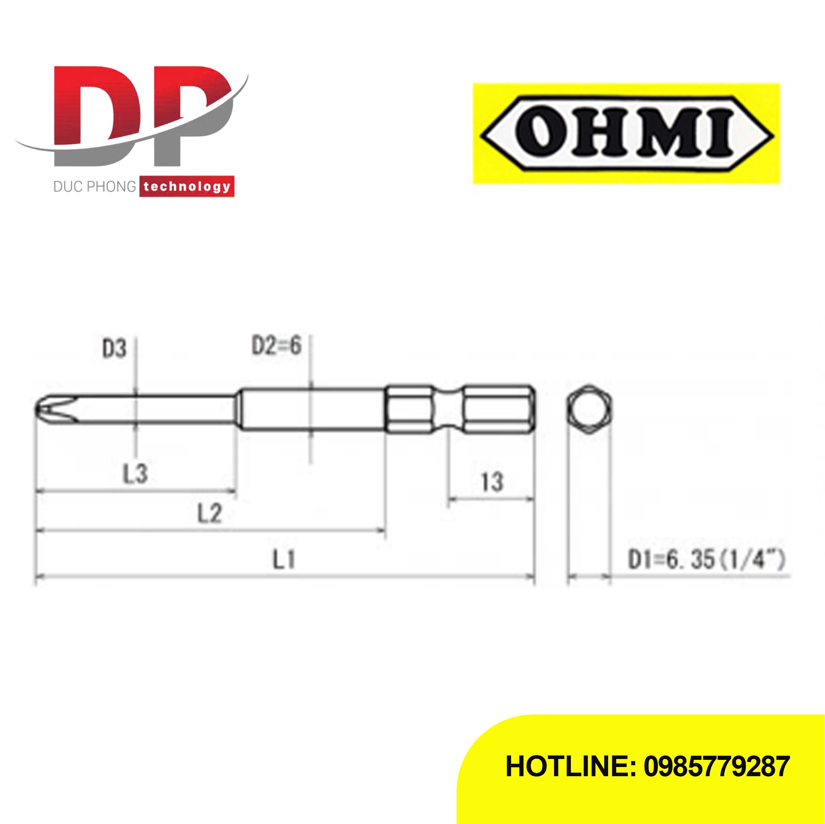 Mũi vặn vít điện tử Ohmi V-21 No.0x6.35x75
