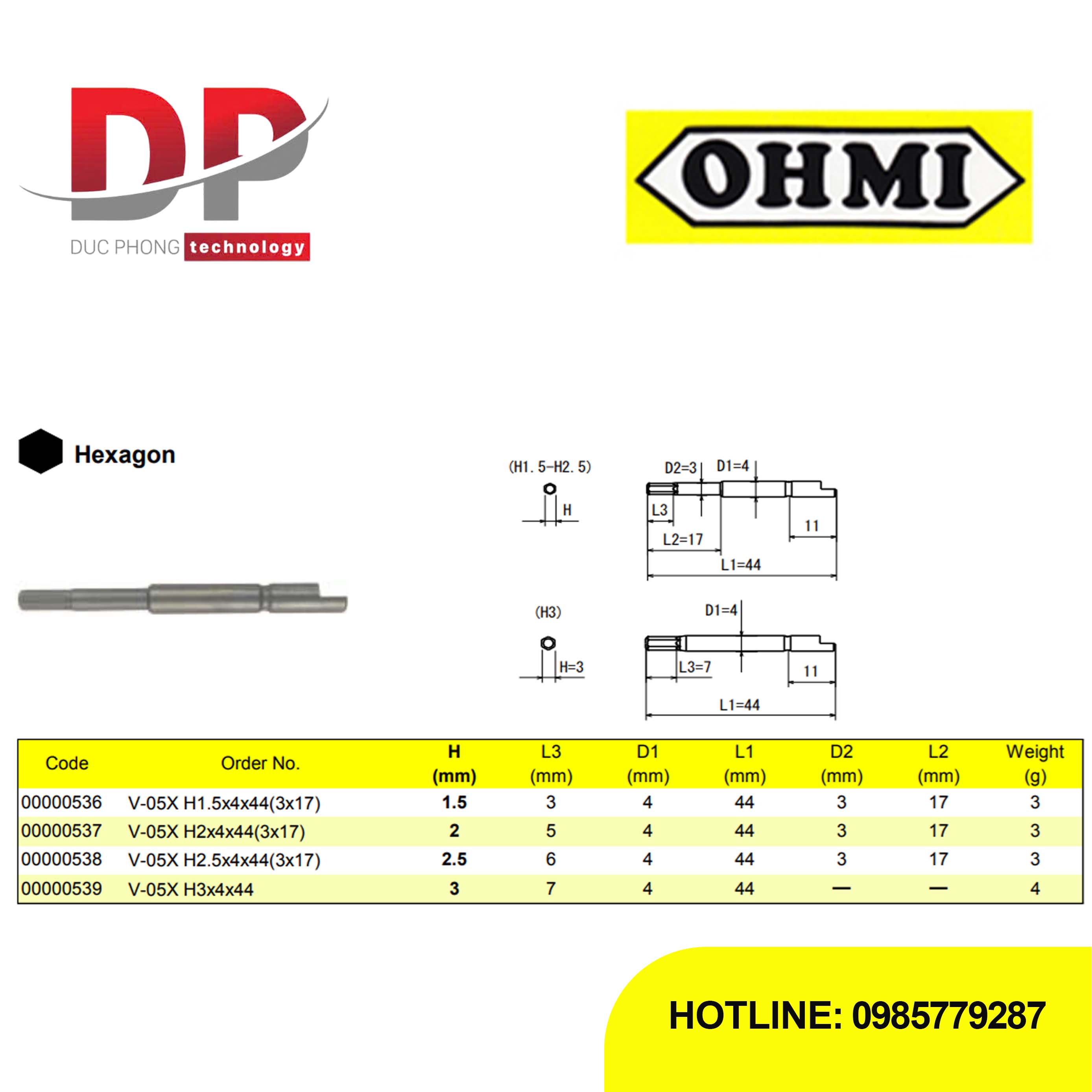 Mũi vặn vít lục giác OHMI V-05X Series