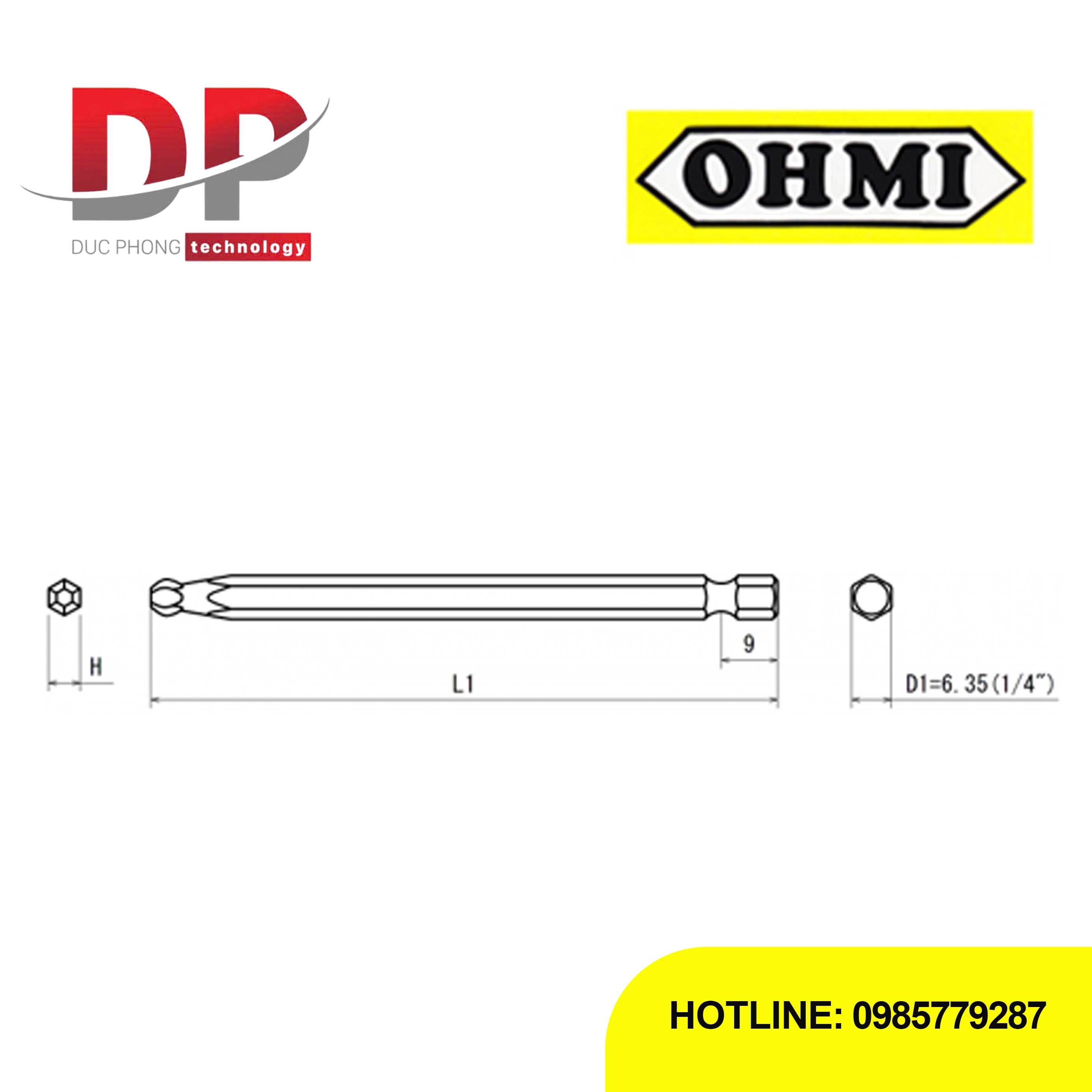 Mũi vặn vít ổ lục giác bi Ohmi VH-32BP H1.5x6.35x150